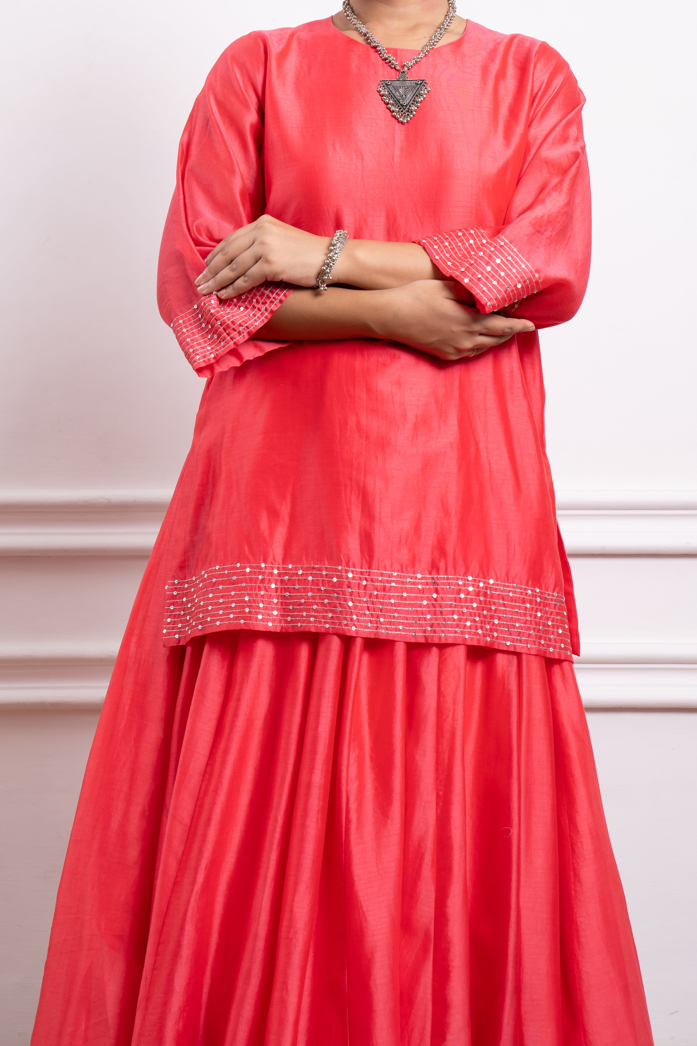Pink Skirt with Short Kurta in Chanderi Handloom