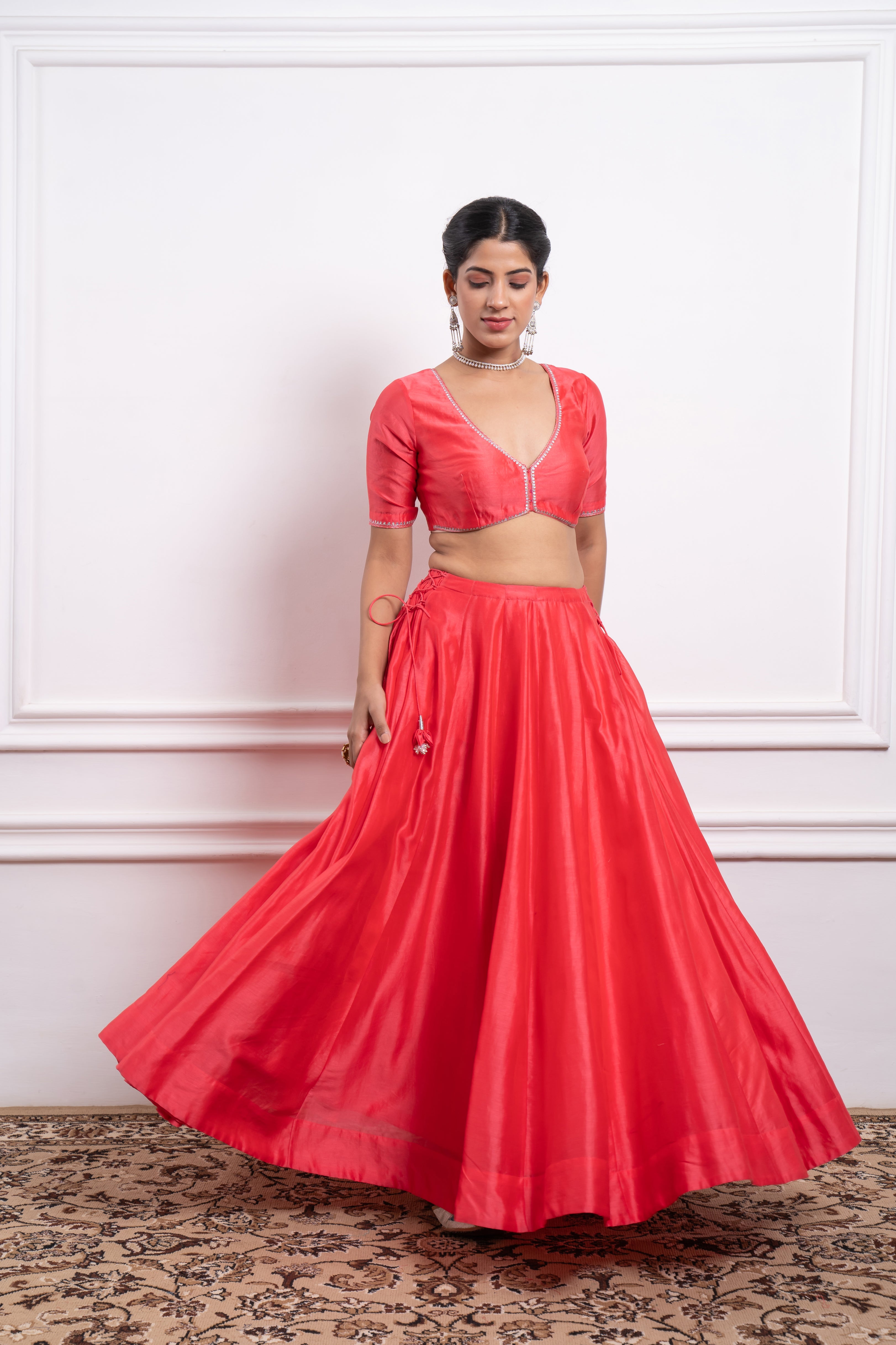 Embroidered Paneled Skirt Set in Pink with Silver Striped Dupatta in Chanderi