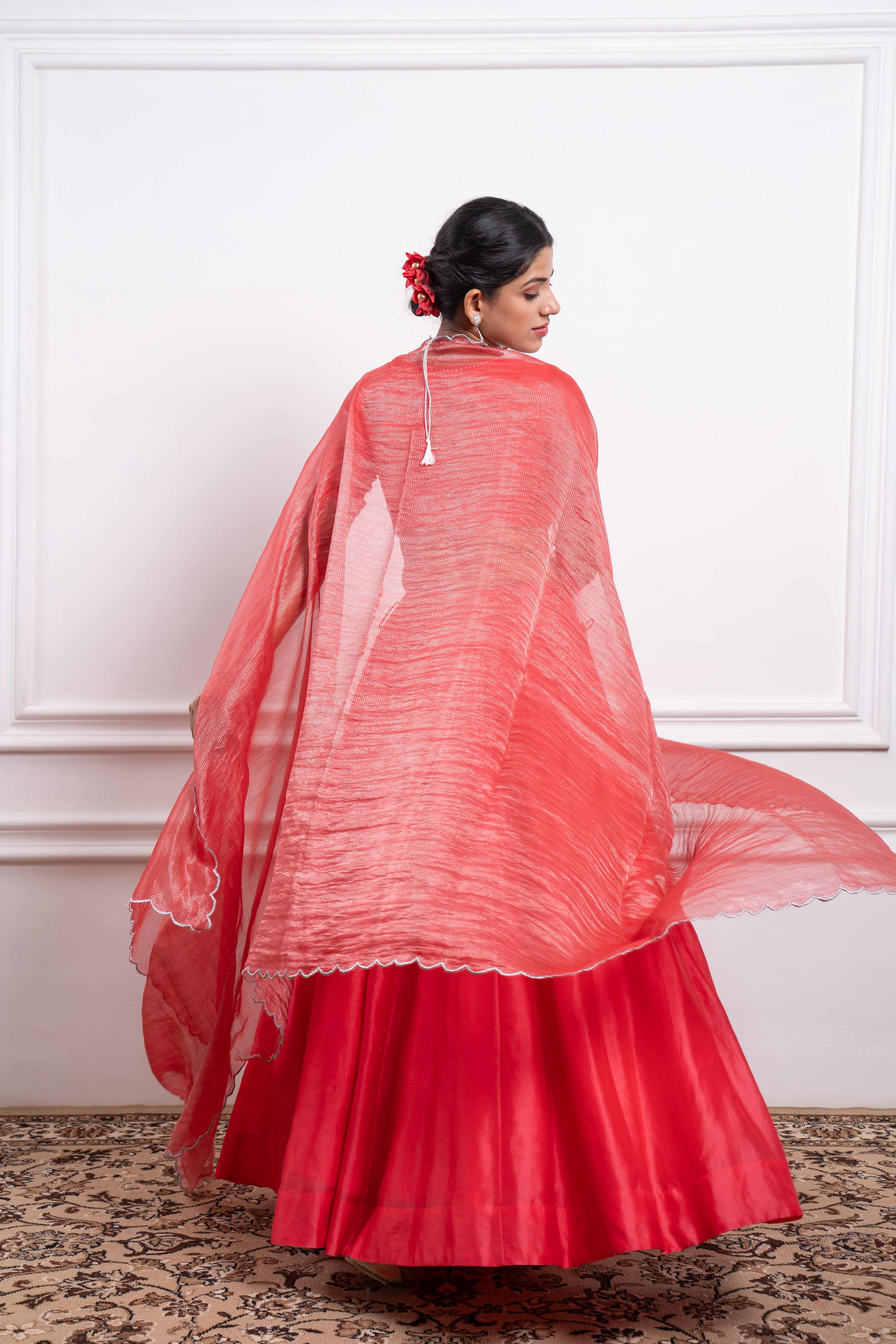 Embroidered Paneled Skirt Set in Pink with Silver Striped Dupatta in Chanderi