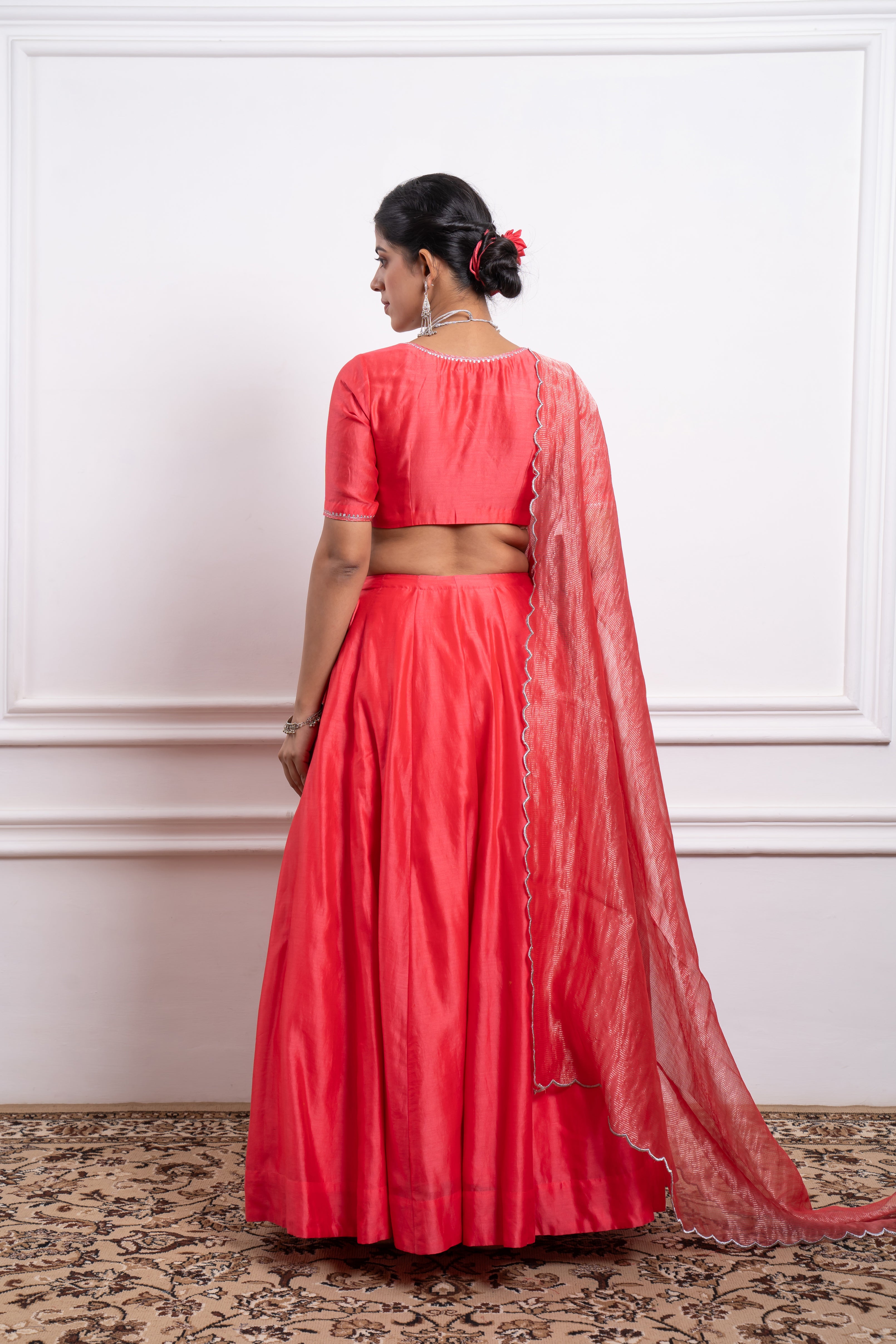 Embroidered Paneled Skirt Set in Pink with Silver Striped Dupatta in Chanderi
