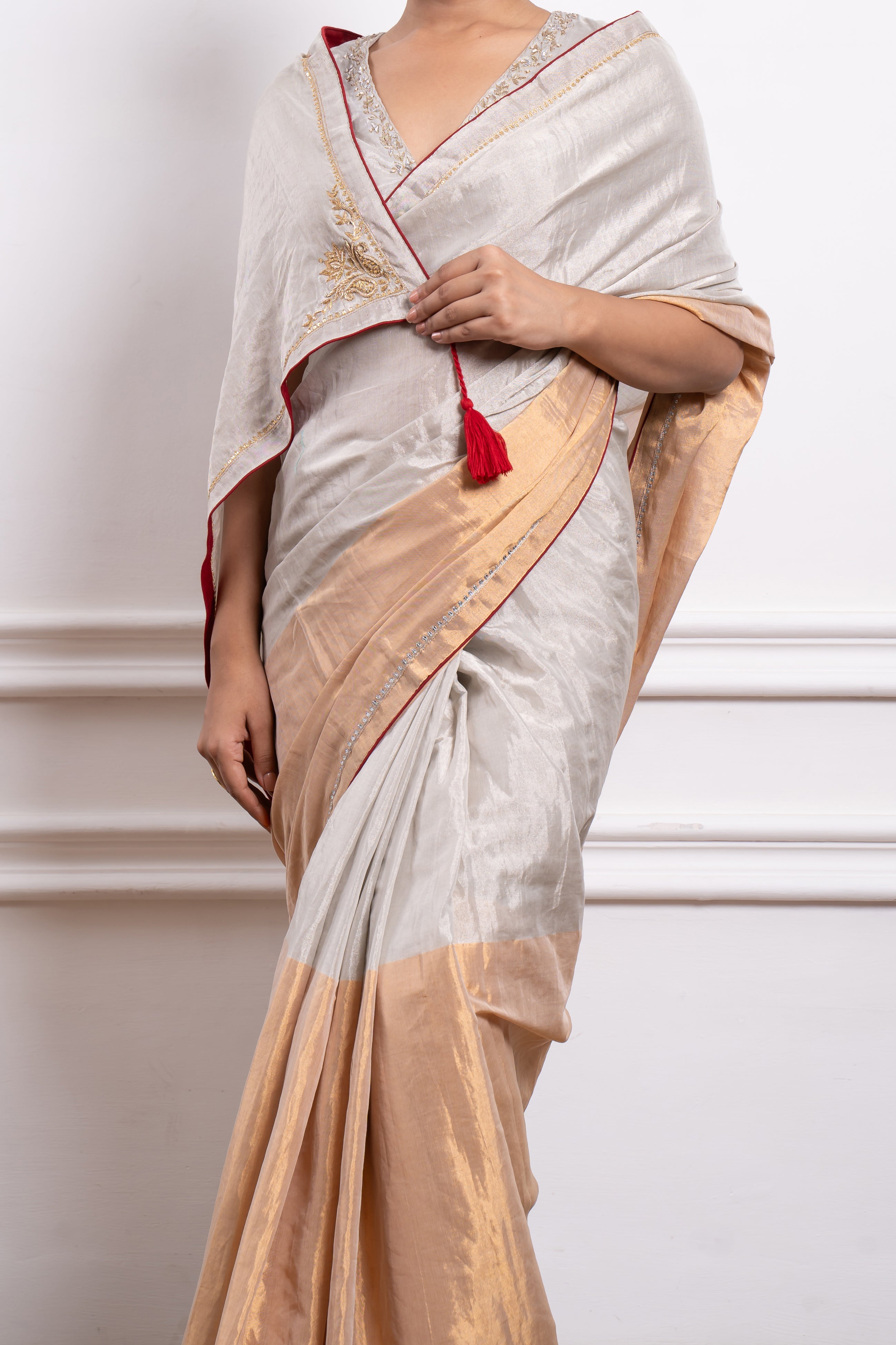 Embroidered Gold & Silver Zari Silk Saree & Blouse