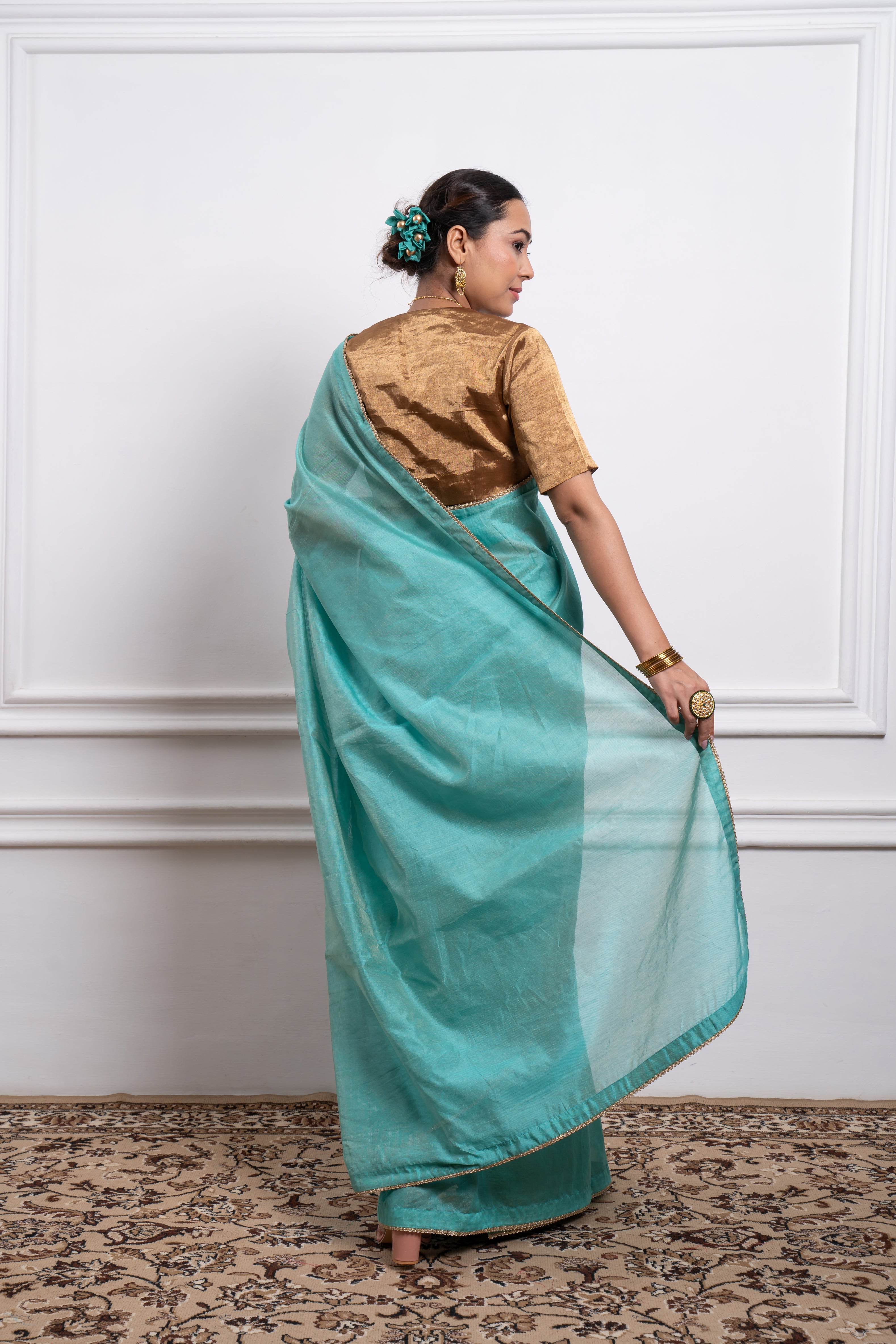 Aqua Striped Chanderi Saree with Gold Zari Blouse