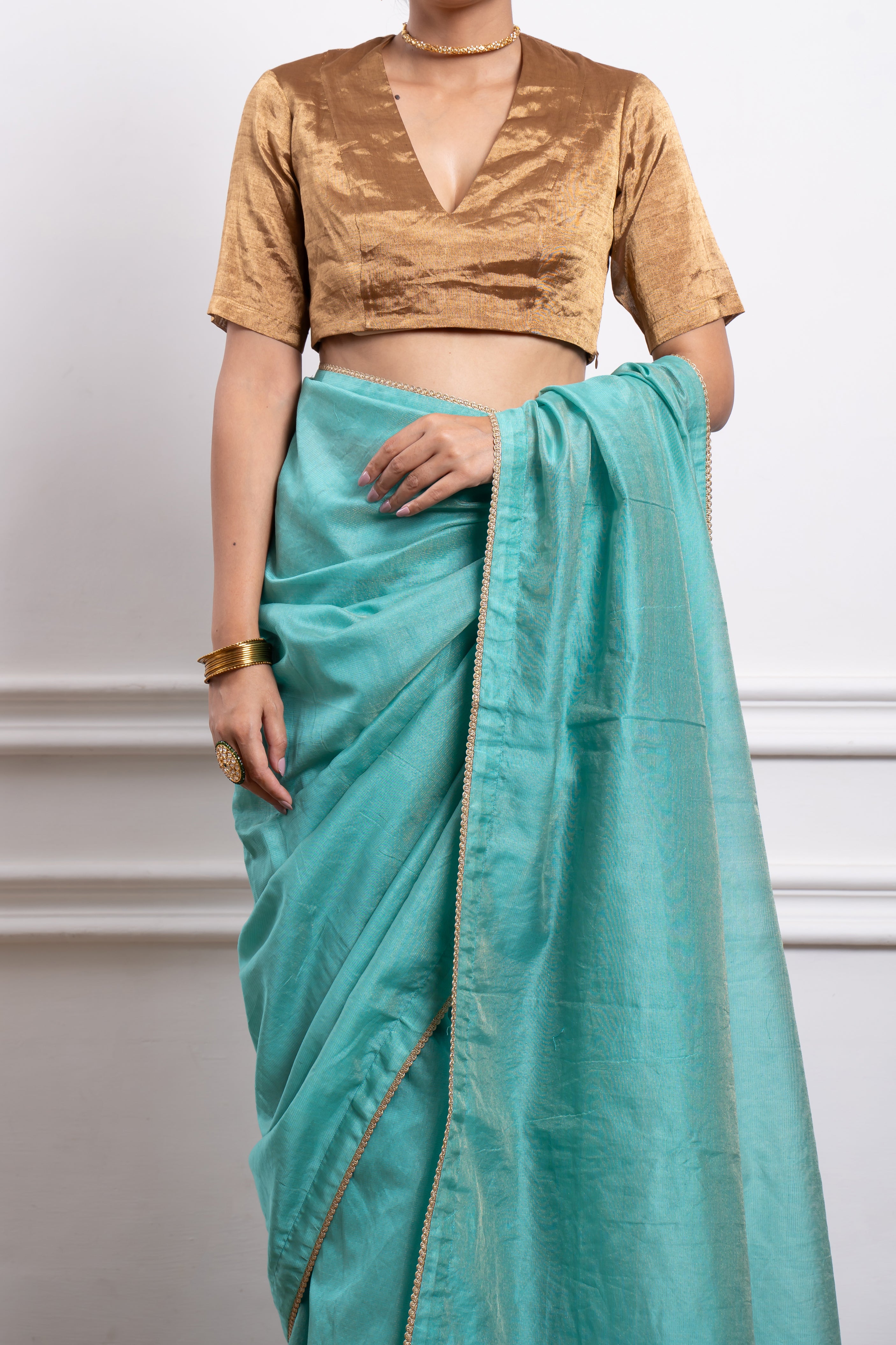 Aqua Striped Chanderi Saree with Gold Zari Blouse