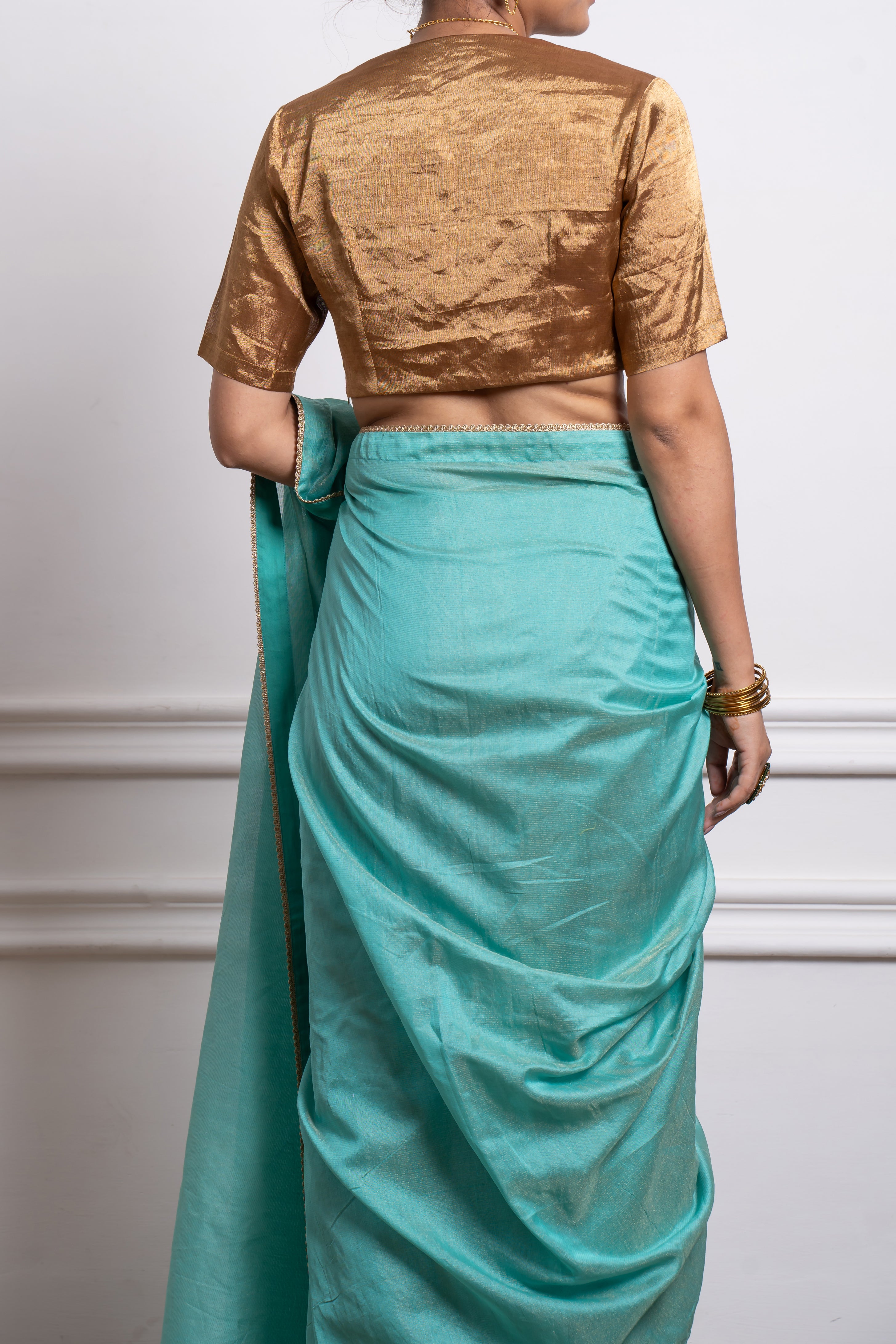 Aqua Striped Chanderi Saree with Gold Zari Blouse