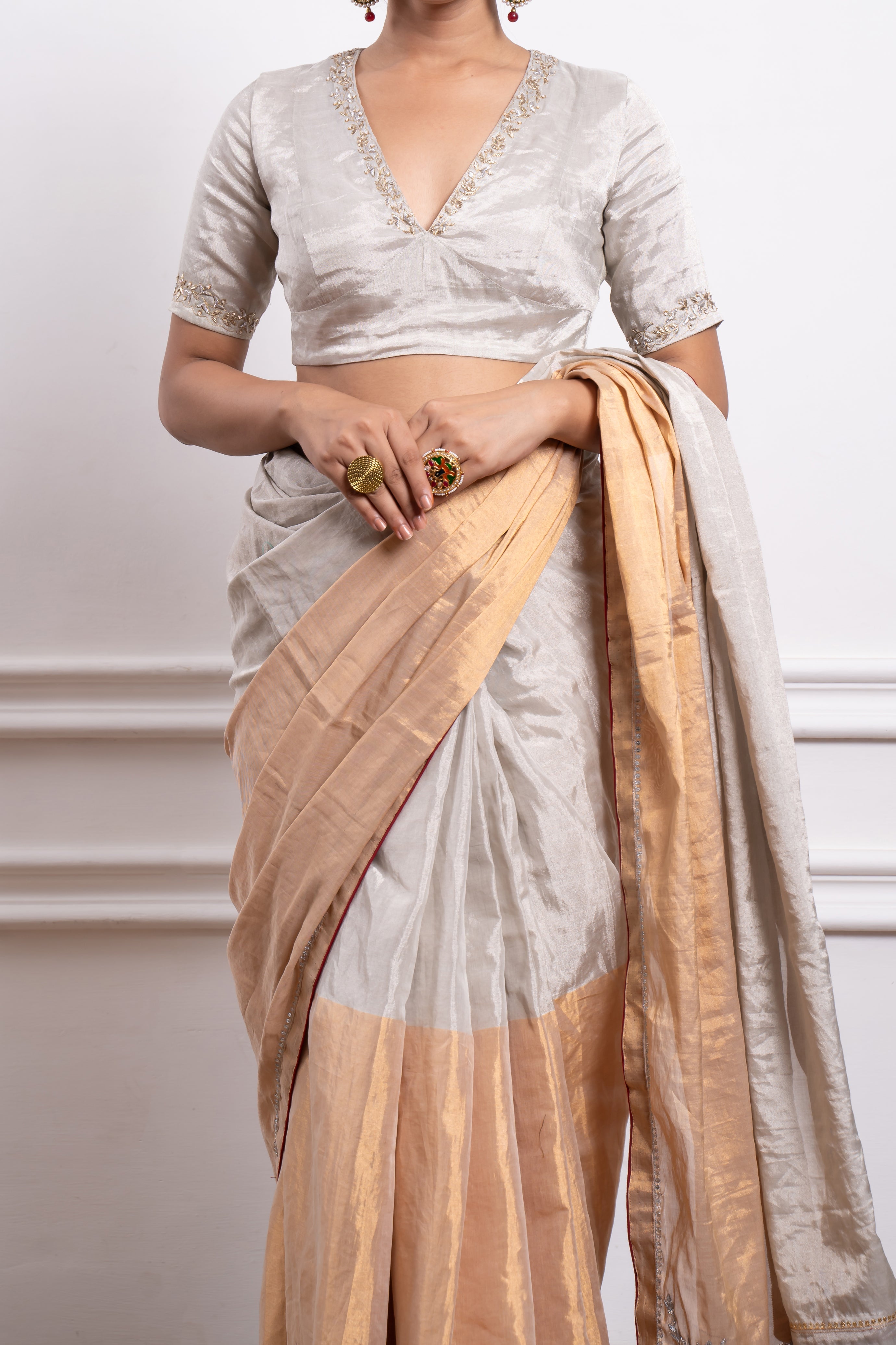 Embroidered Gold & Silver Zari Silk Saree & Blouse