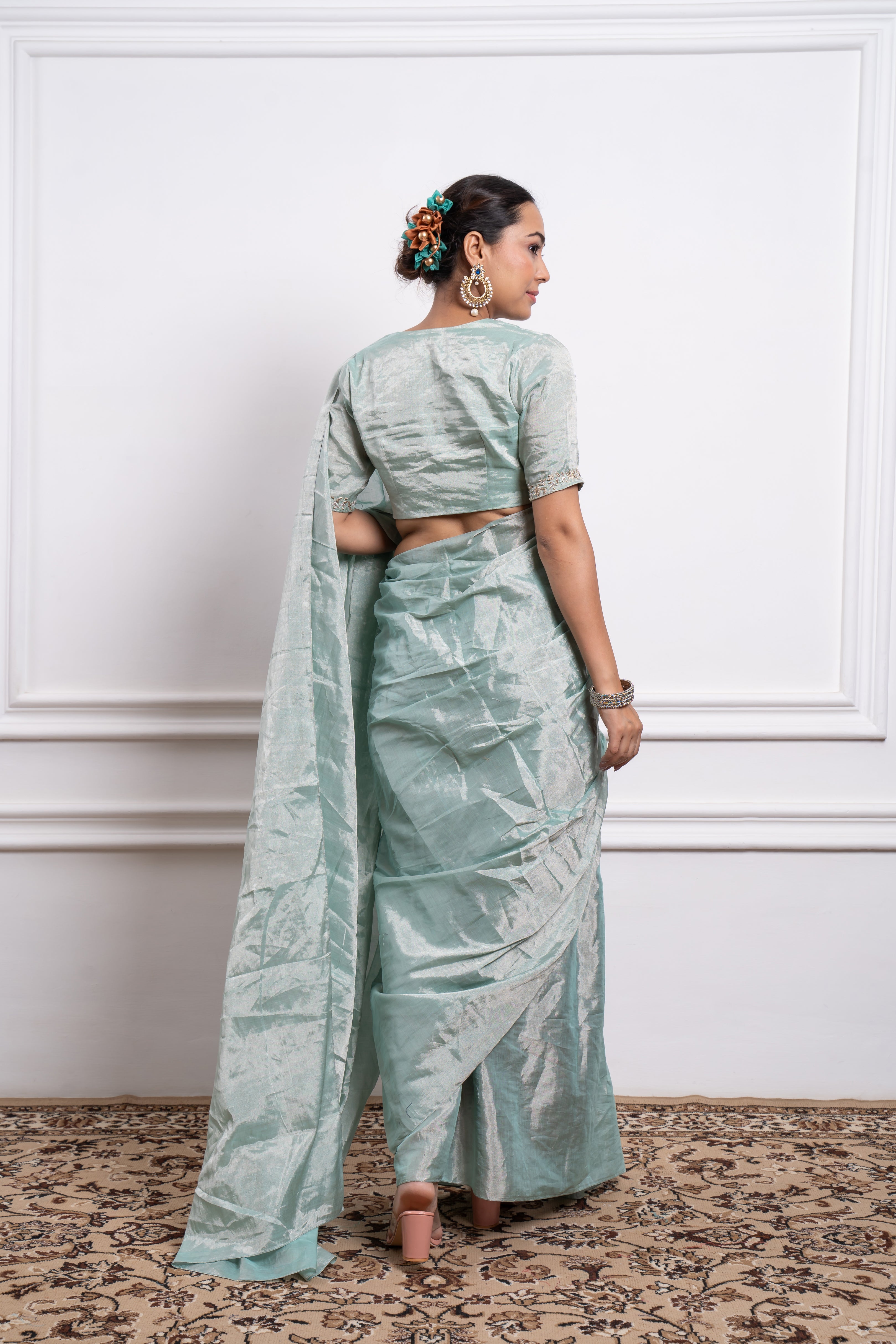 Mint Zari Silk Saree with Embroidered Blouse
