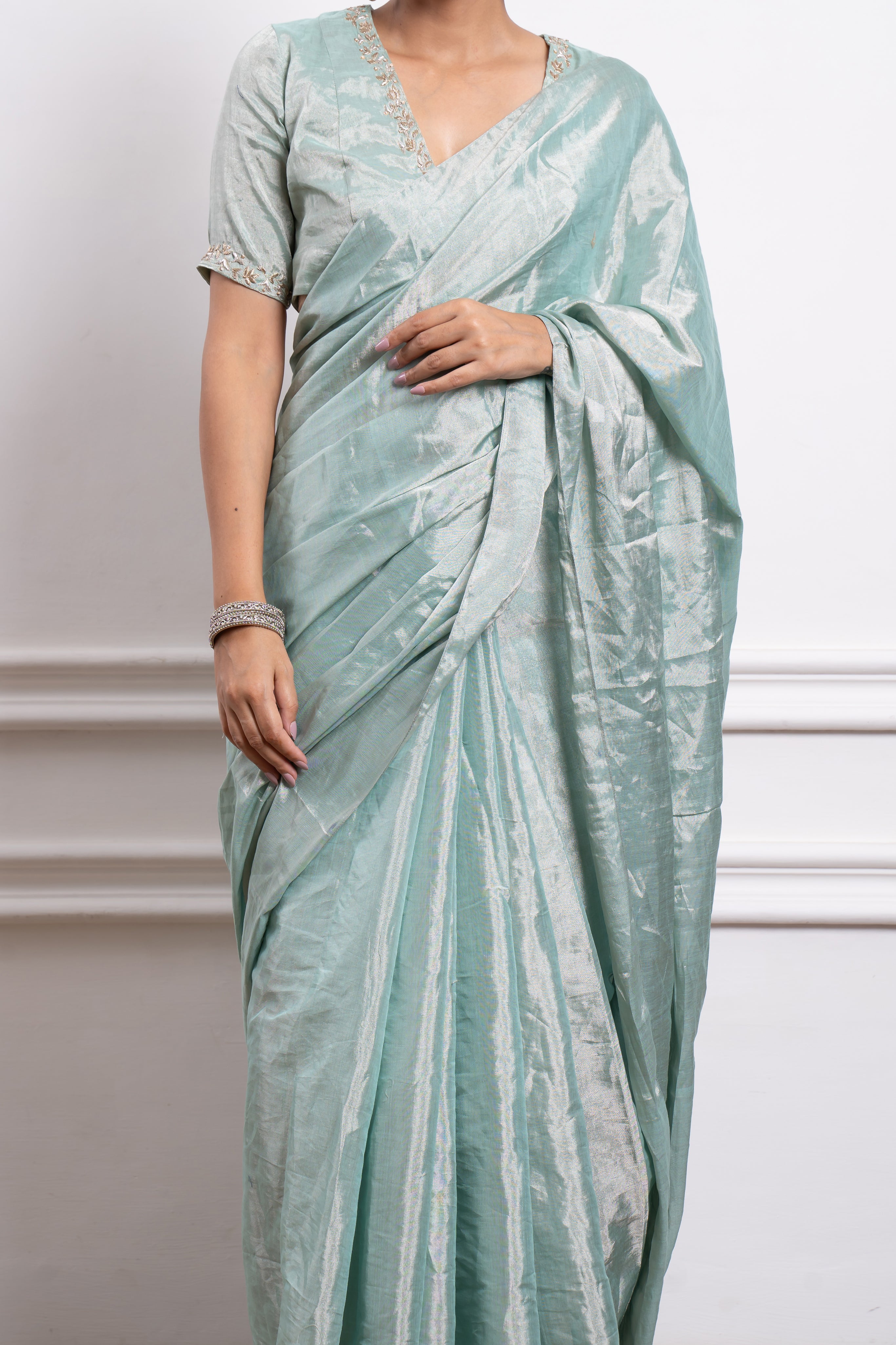 Mint Zari Silk Saree with Embroidered Blouse
