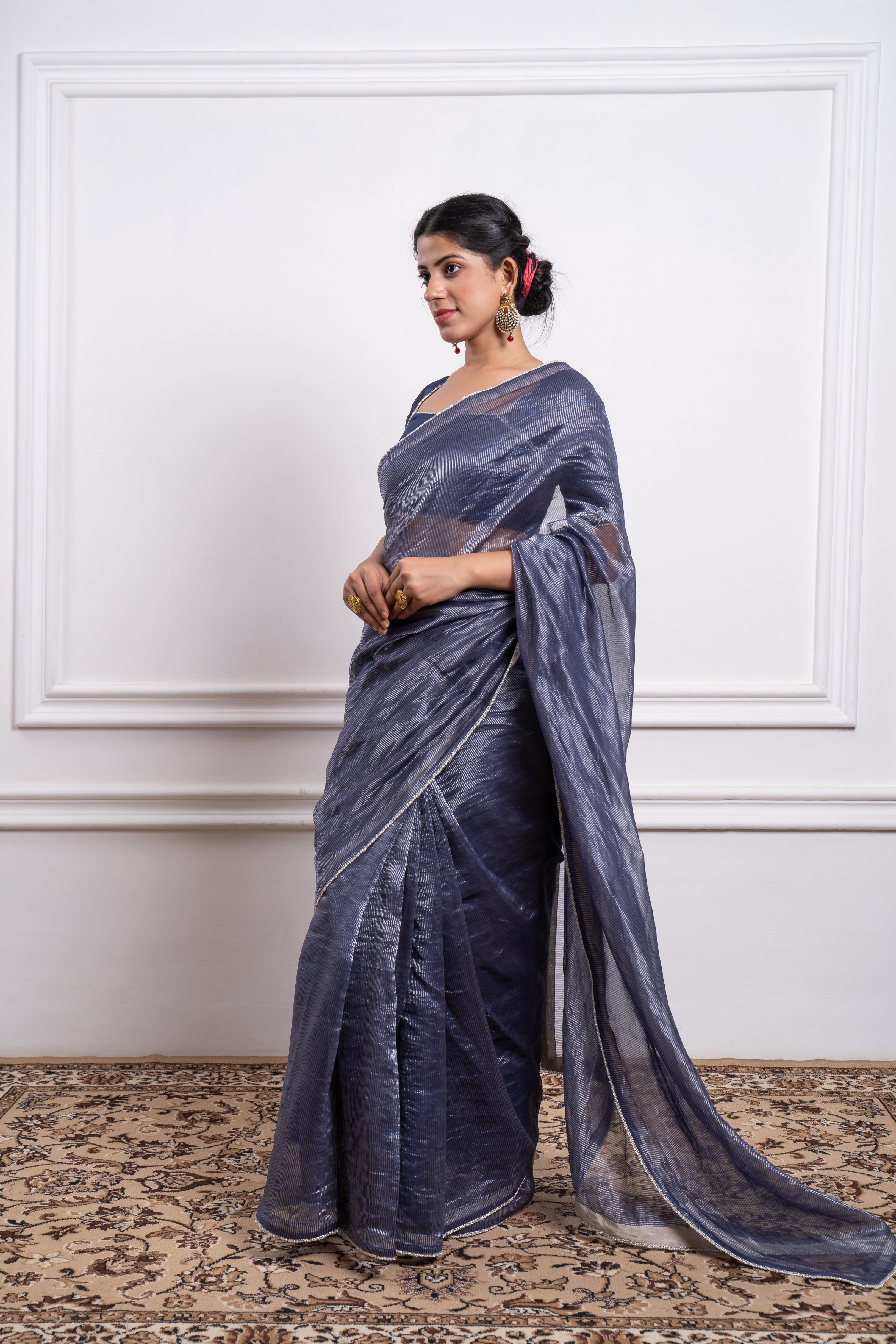 Blue Chanderi Striped Saree and Blouse with  Pearl Lace Details