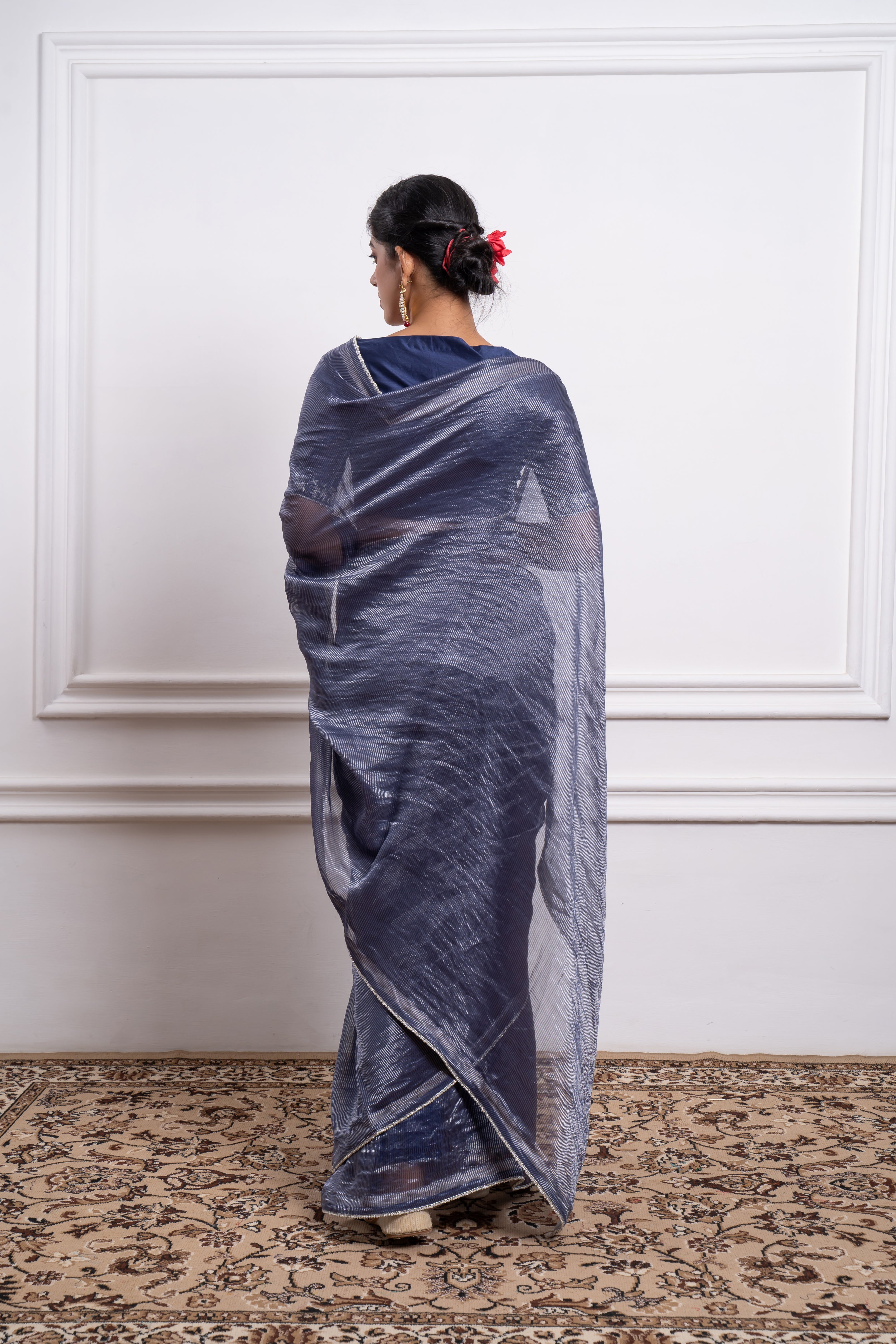 Blue Chanderi Striped Saree and Blouse with  Pearl Lace Details