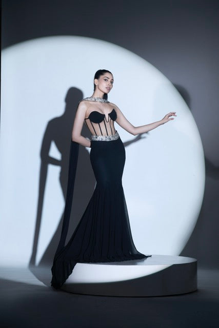 Black Embellished Drape Skirt and Jacket Set