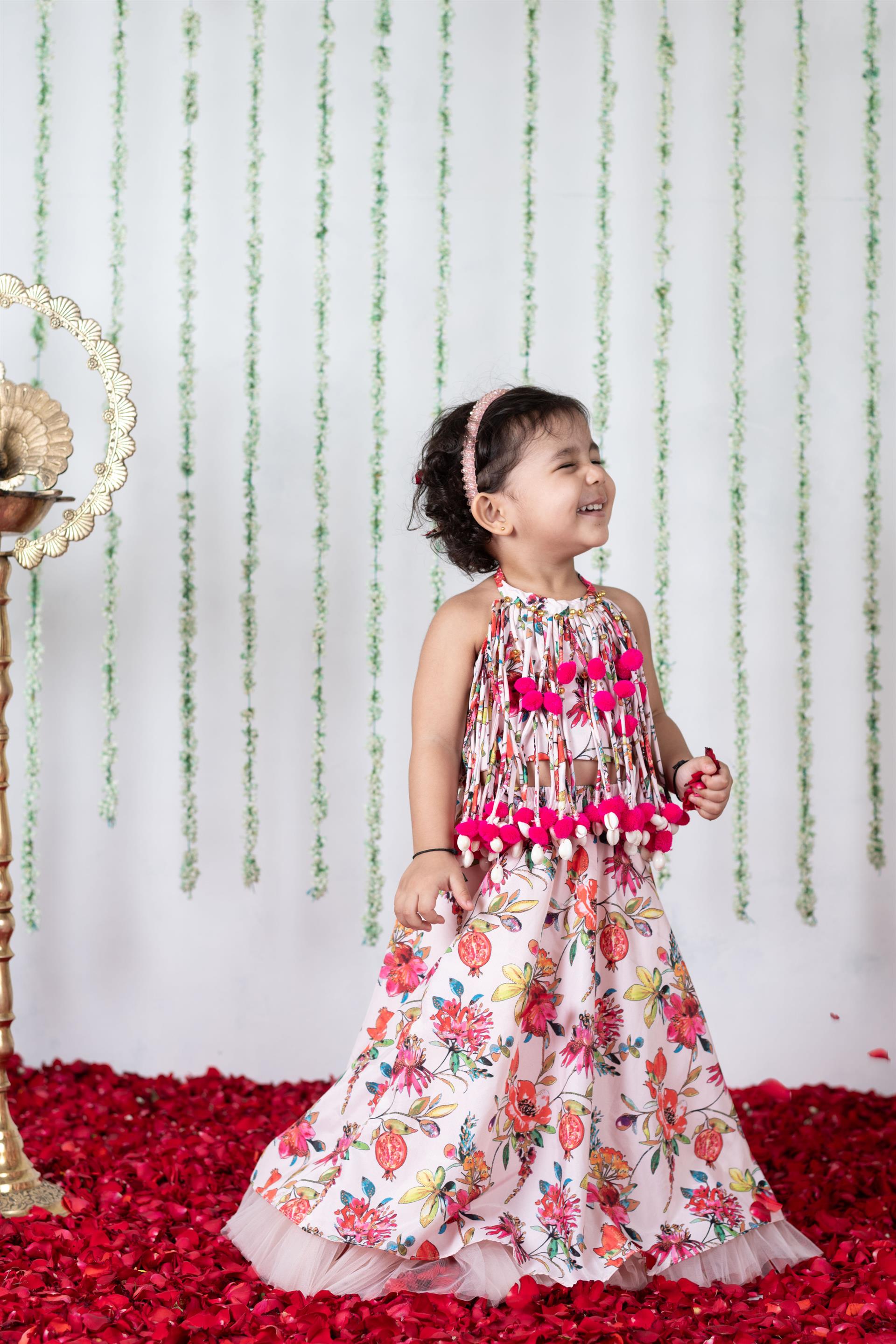 Light Pink Floral Printed Pompom Ghaghra