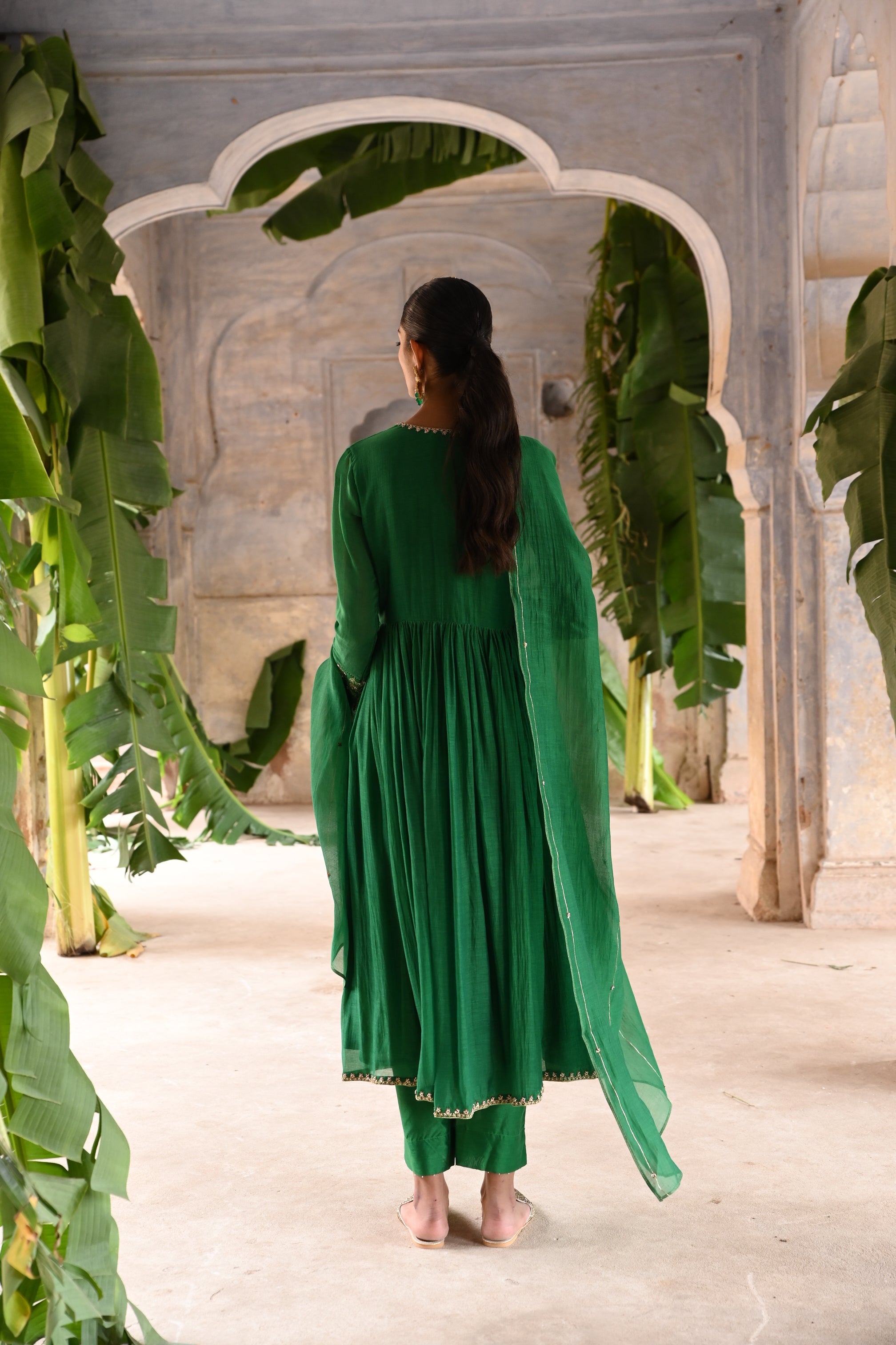 Green gather angrakha set