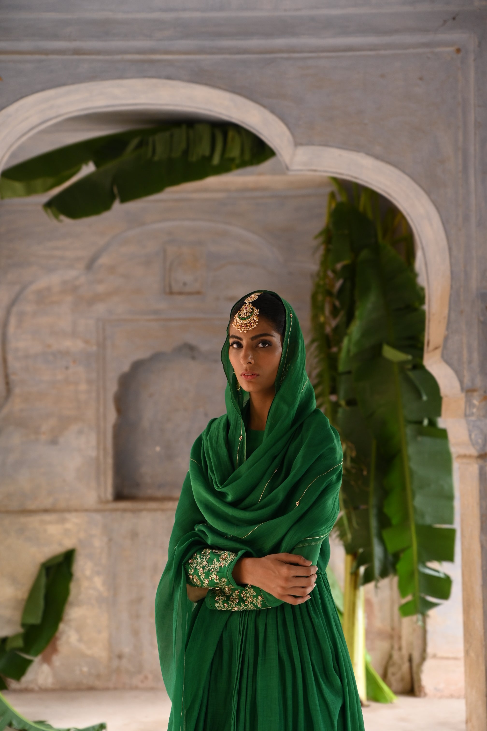 Green gather angrakha set