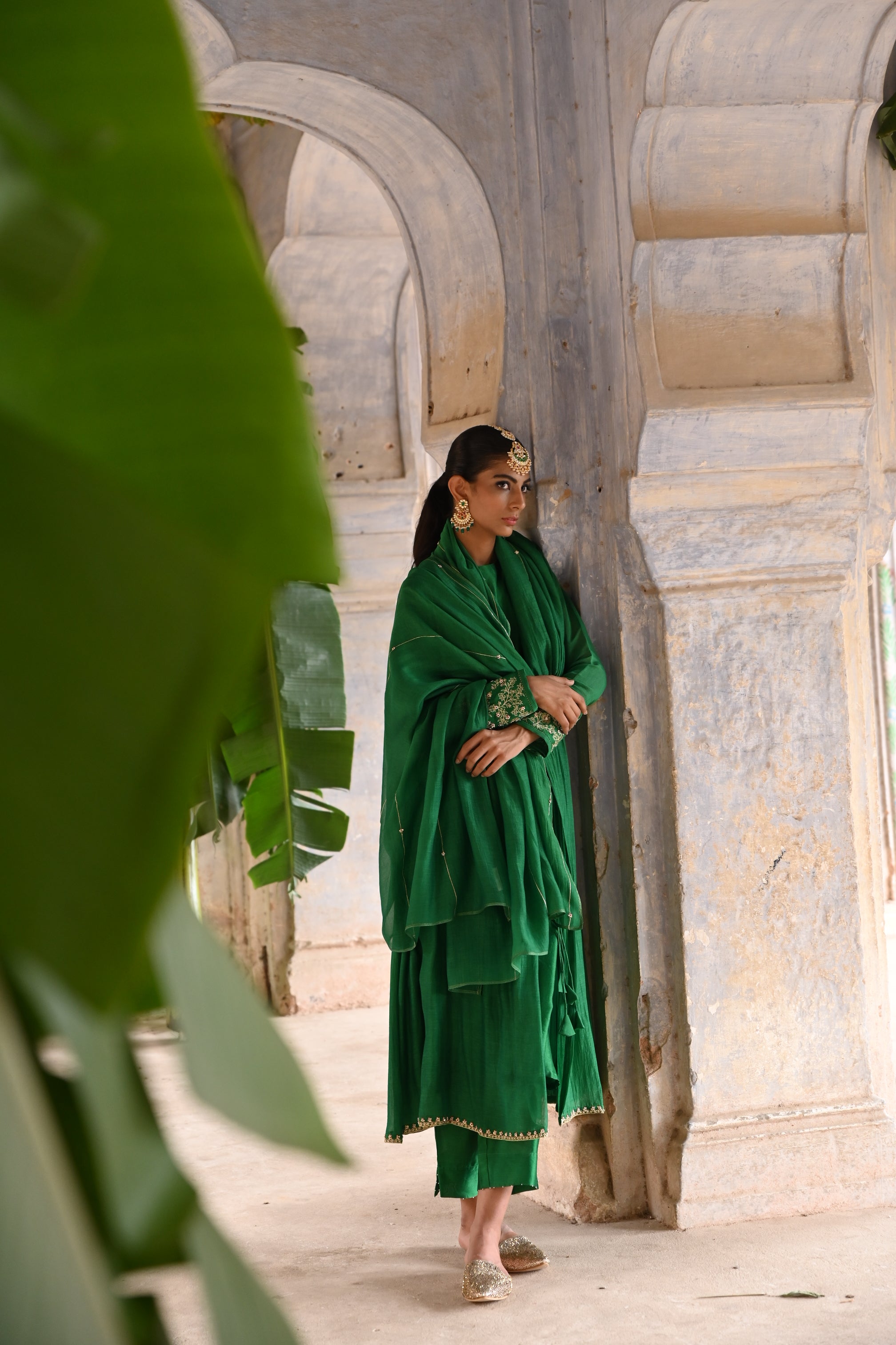 Green gather angrakha set