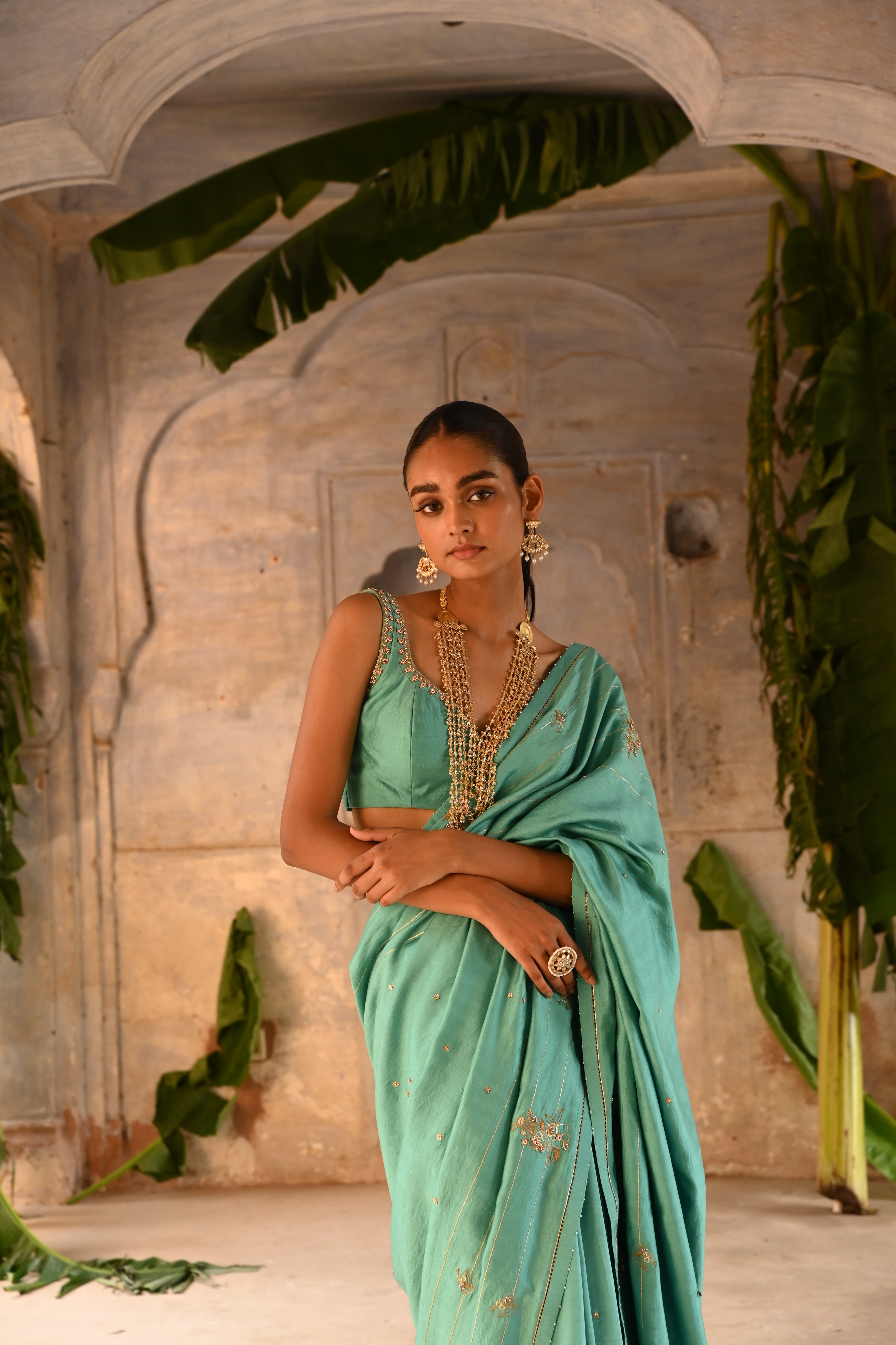 Powder blue hand embroidered saree with blouse