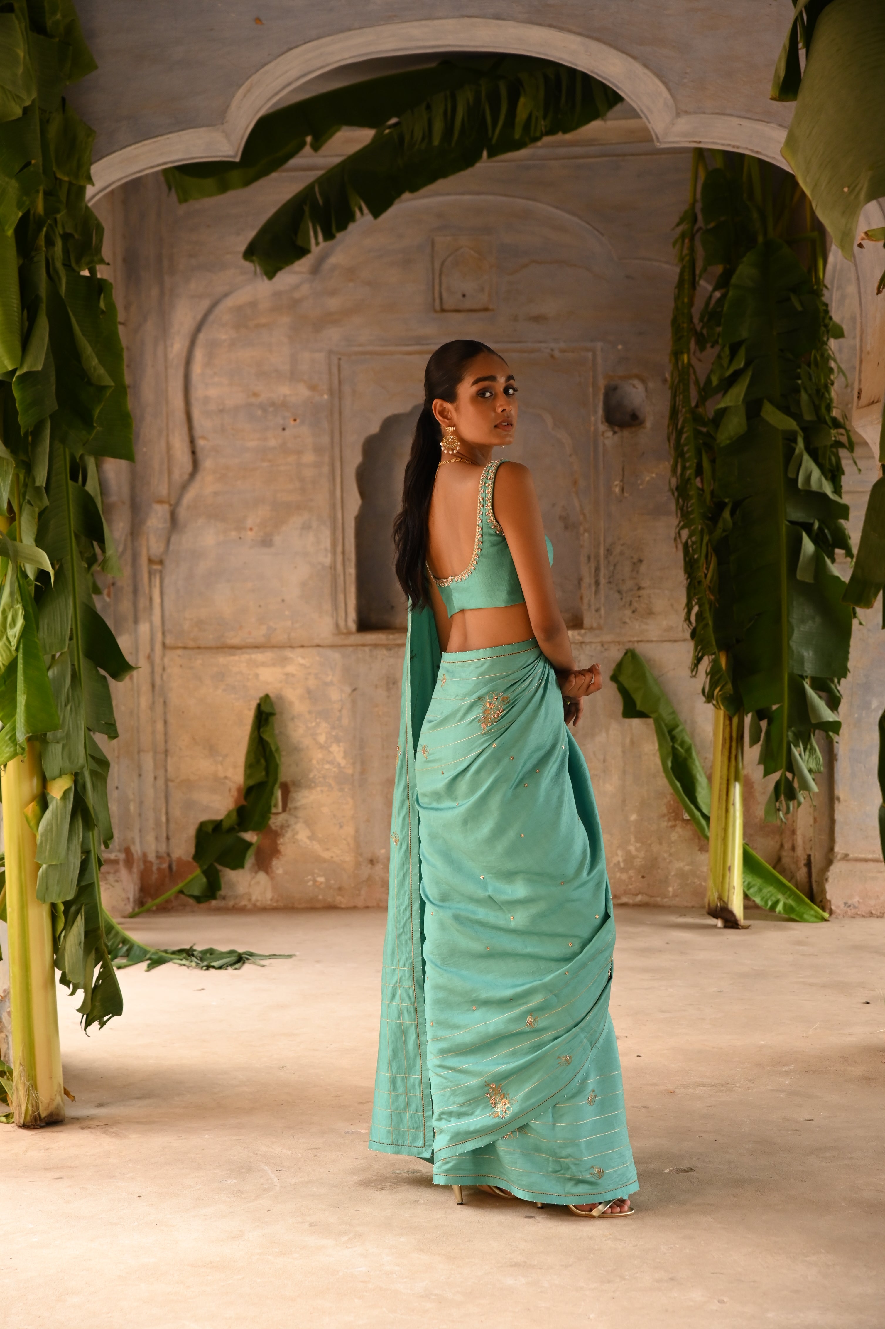 Powder blue hand embroidered saree with blouse