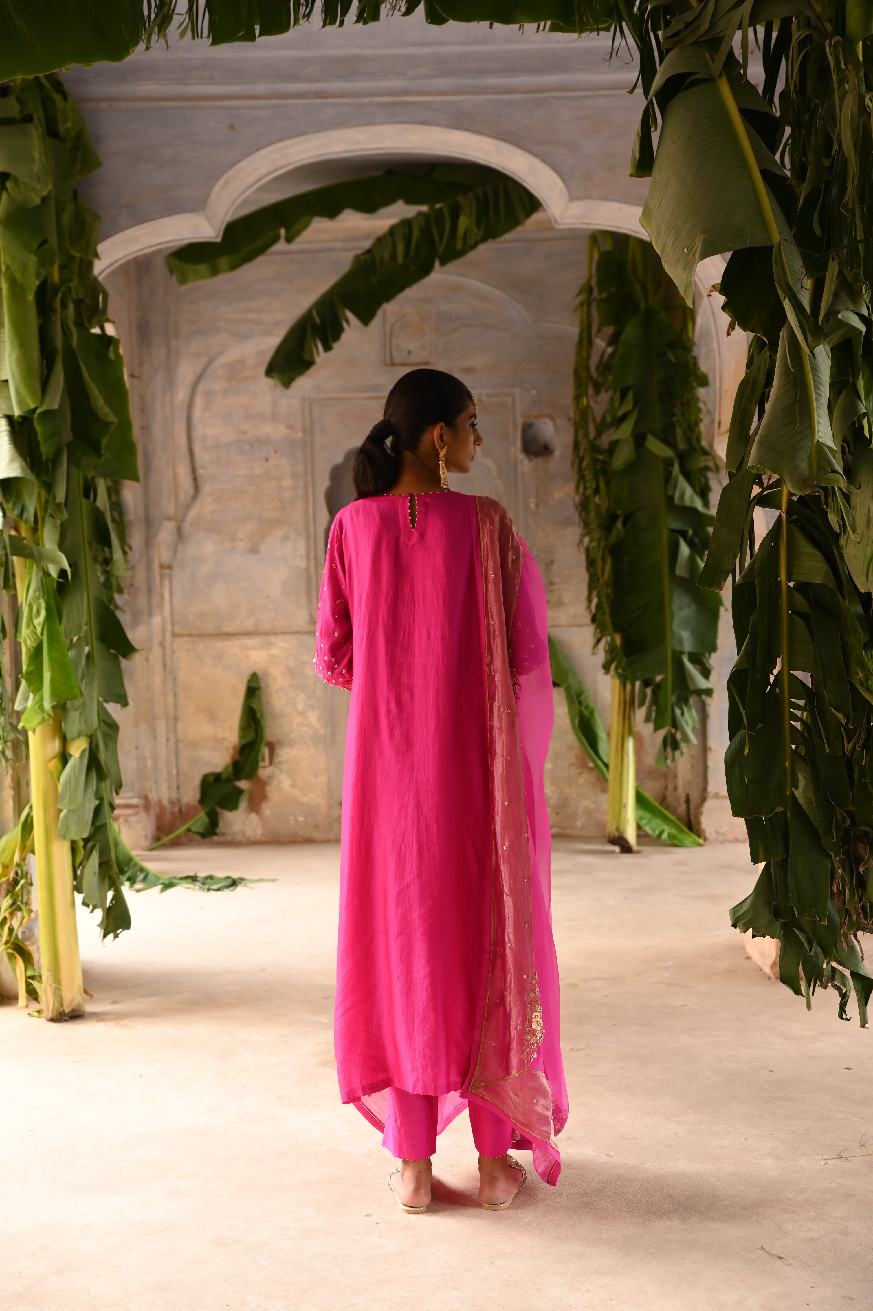 Fuchsia Pink embroidered straight kurta set