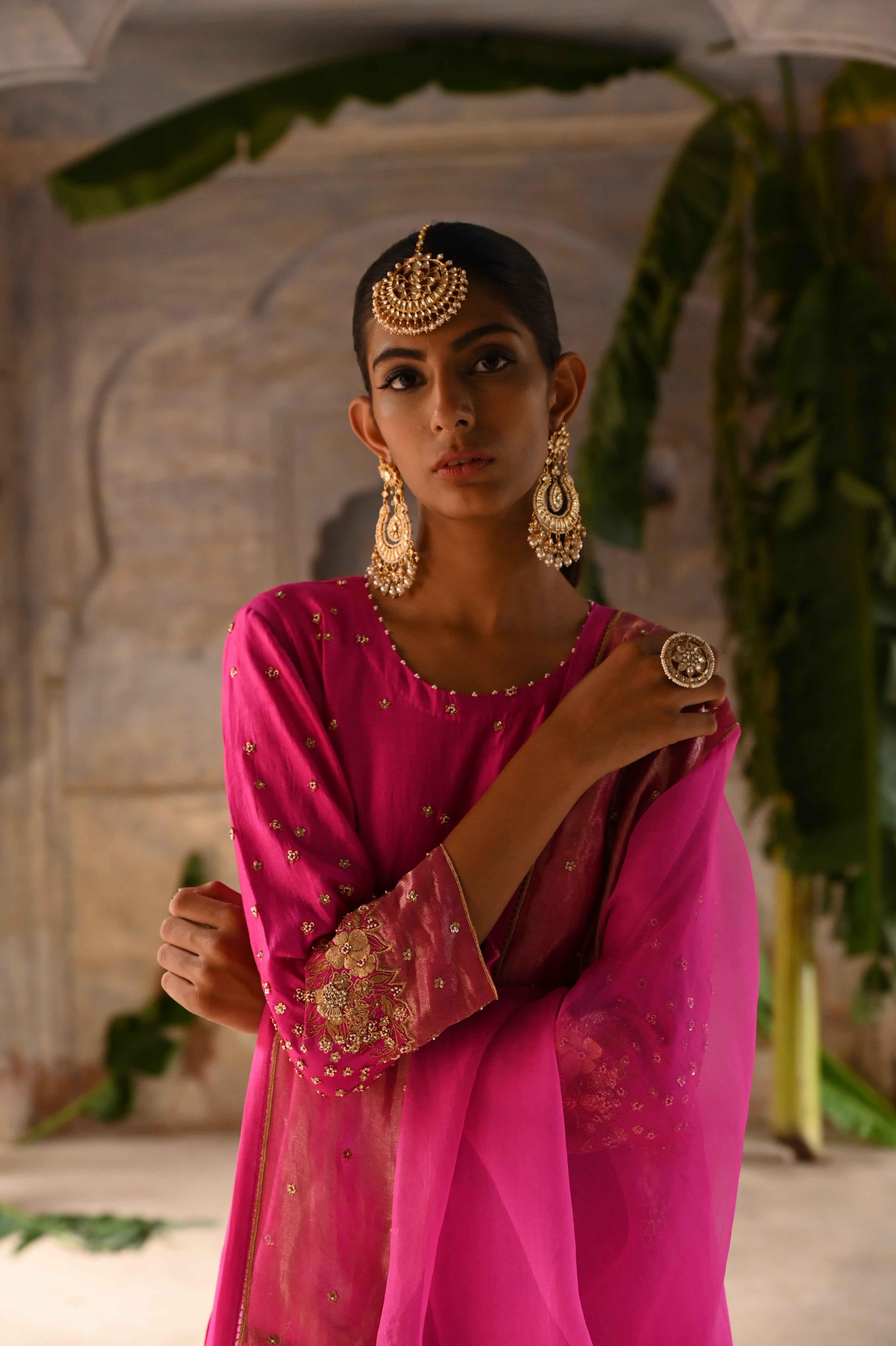 Fuchsia Pink embroidered straight kurta set