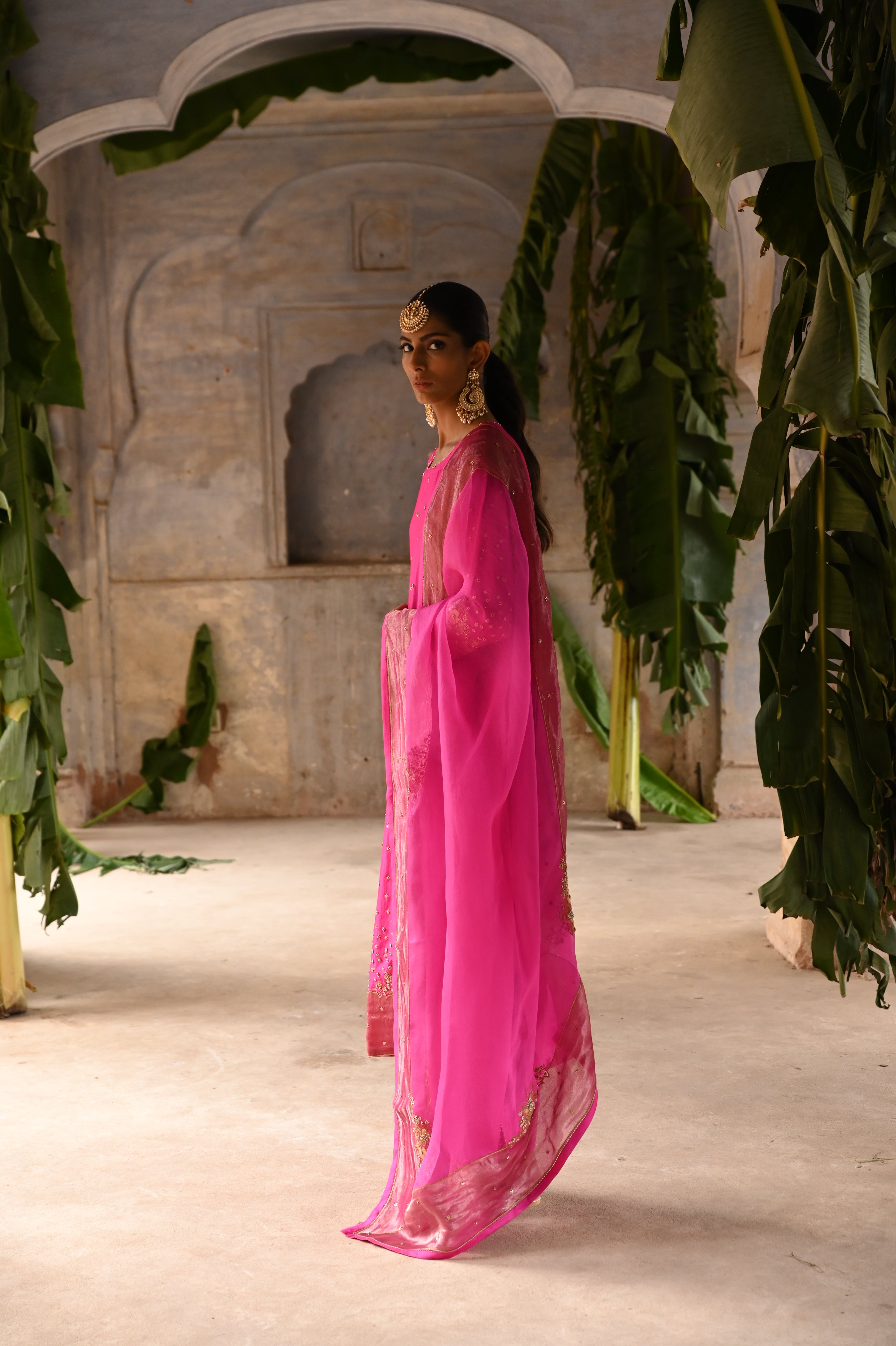 Fuchsia Pink embroidered straight kurta set