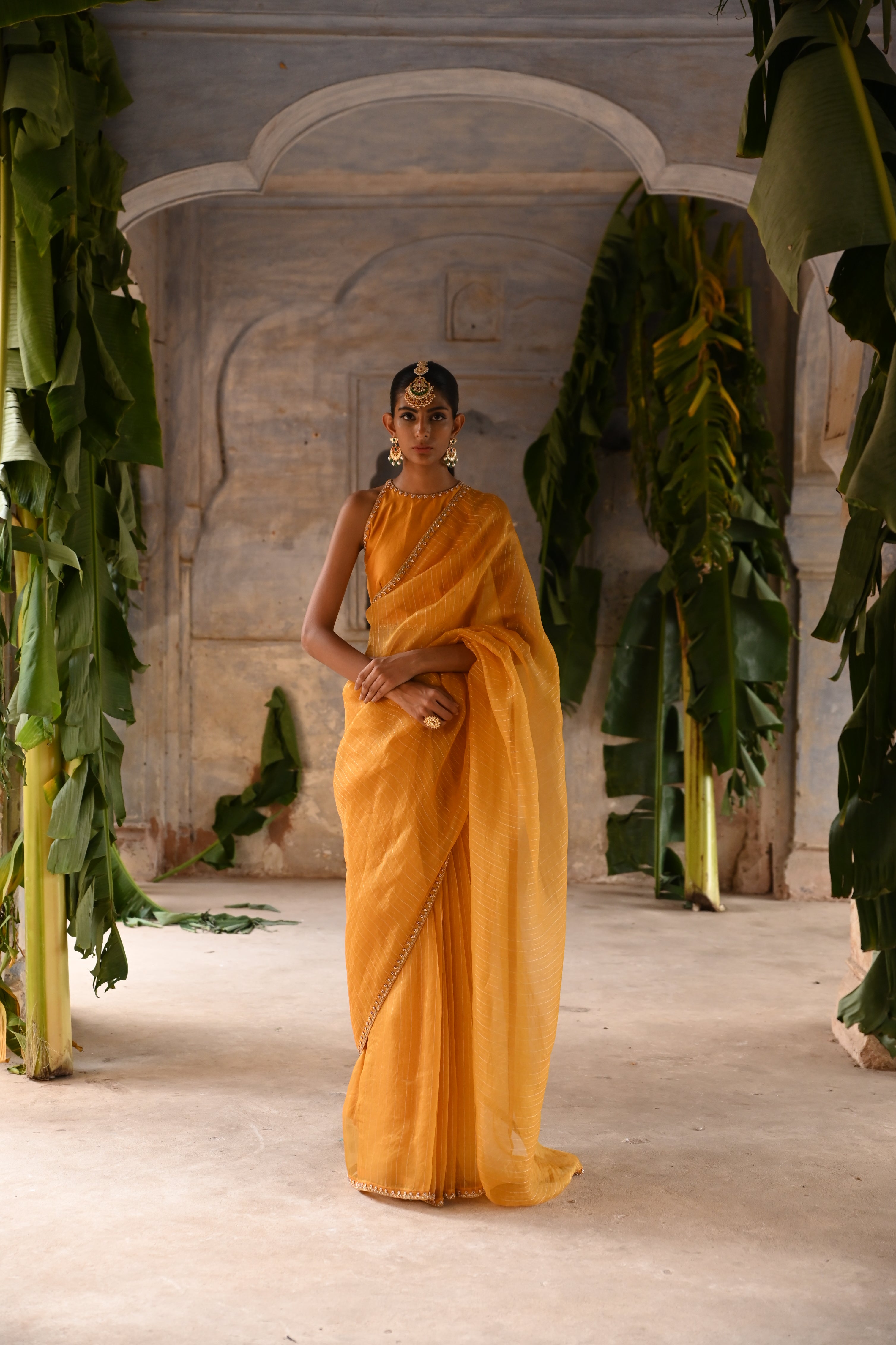 Mustard Yellow embrodiered saree with blouse
