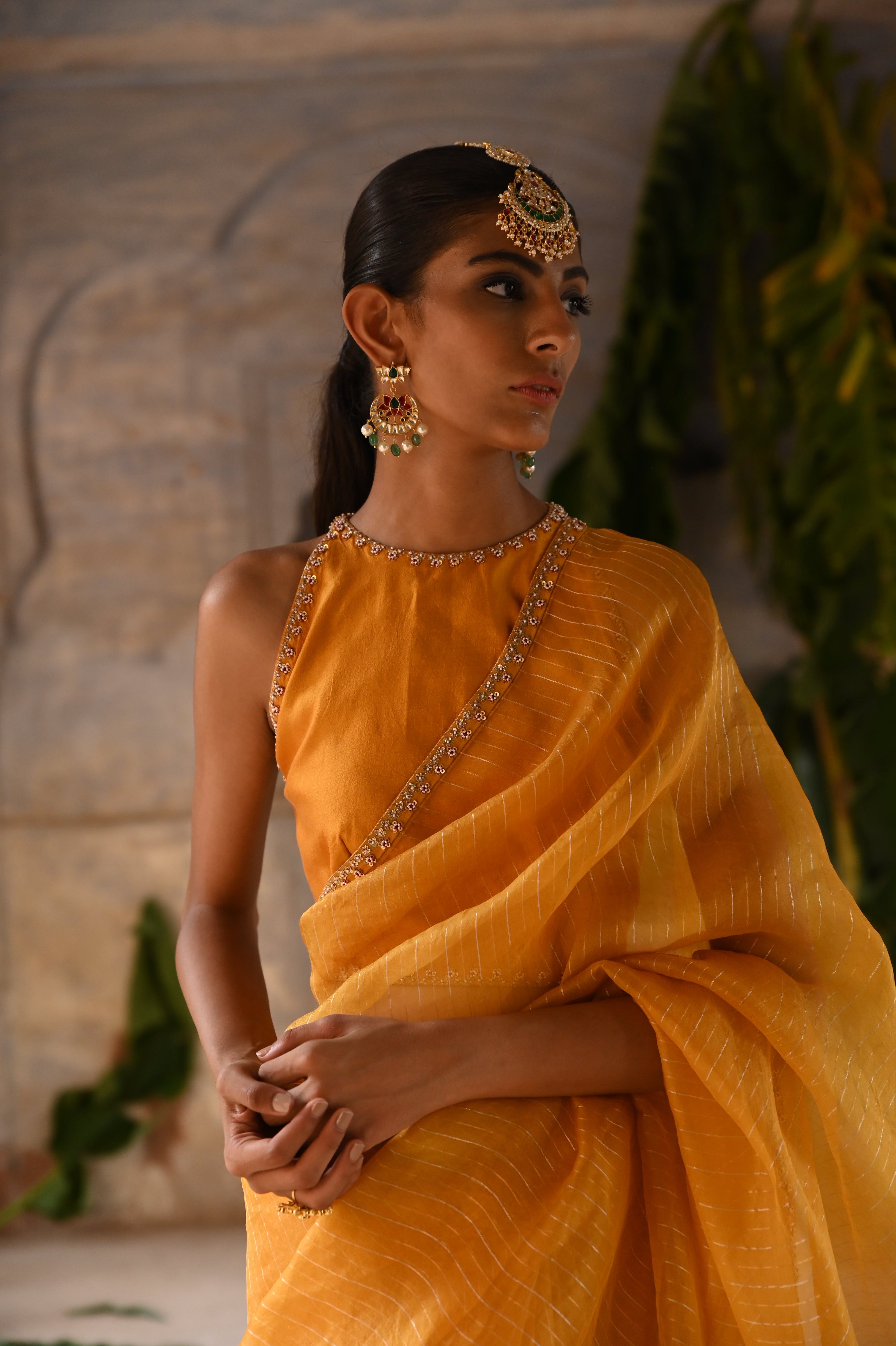 Mustard Yellow embrodiered saree with blouse