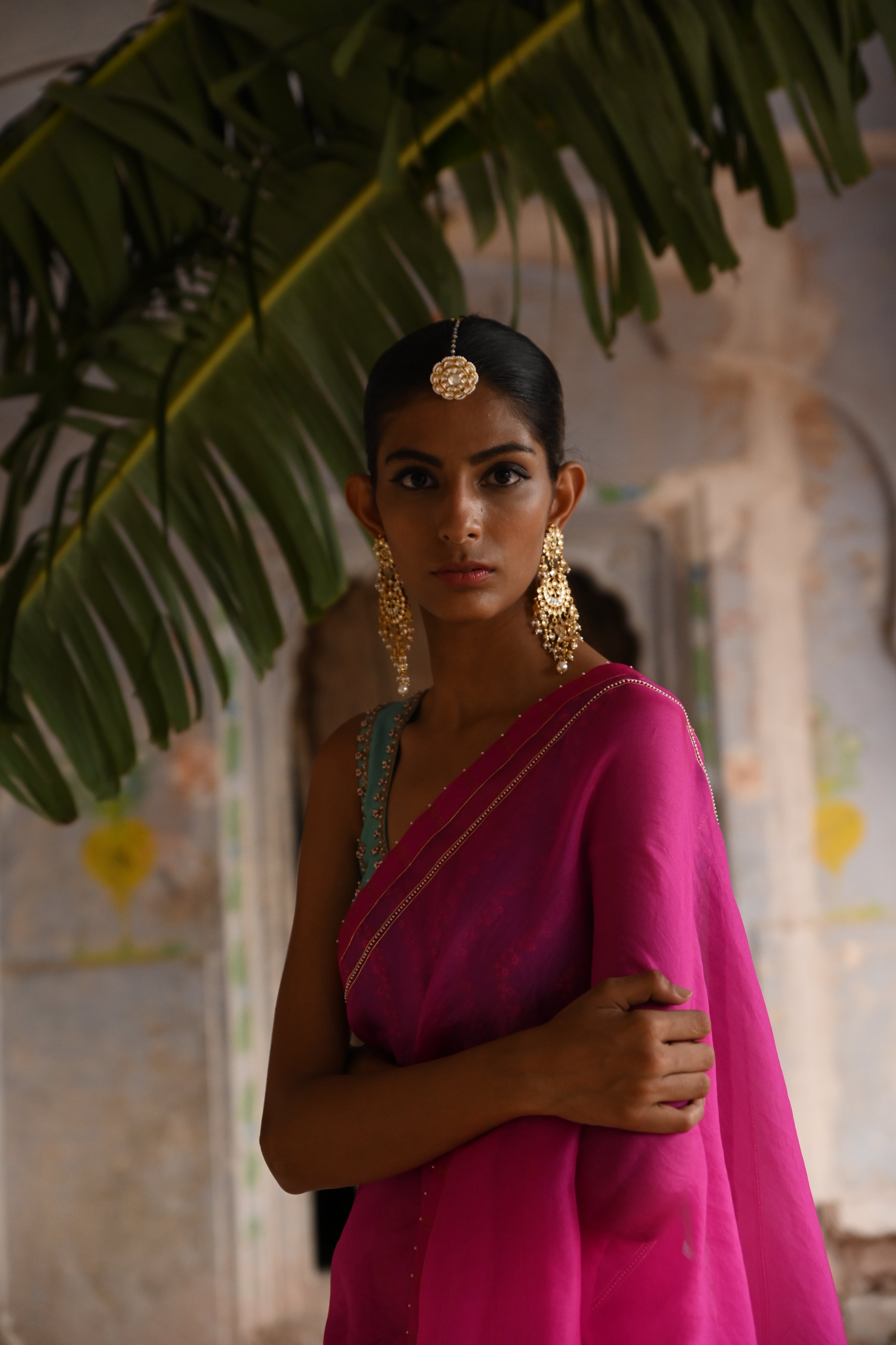 Fuchsia Pink organza saree with blouse