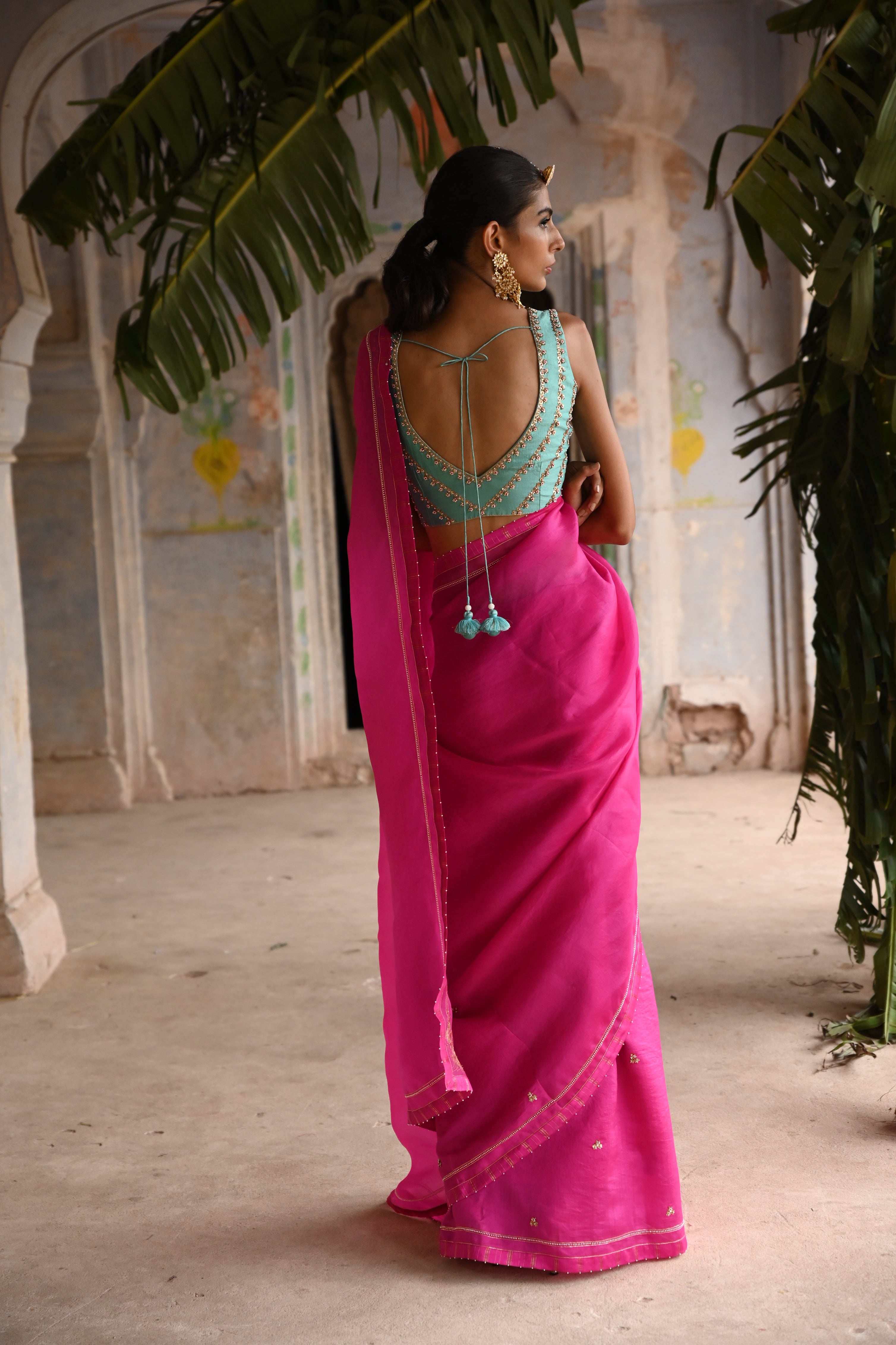 Fuchsia Pink organza saree with blouse