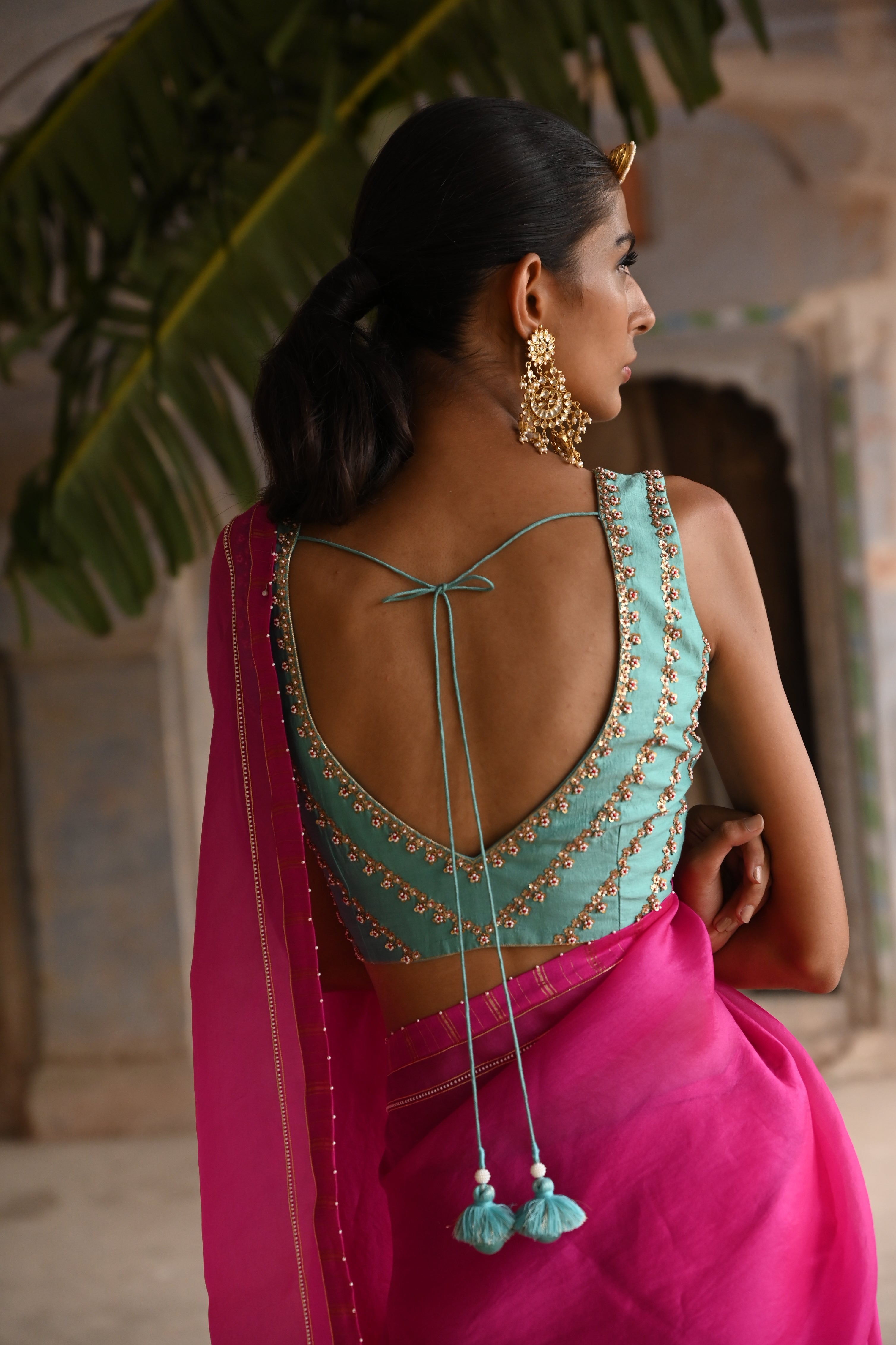 Fuchsia Pink organza saree with blouse
