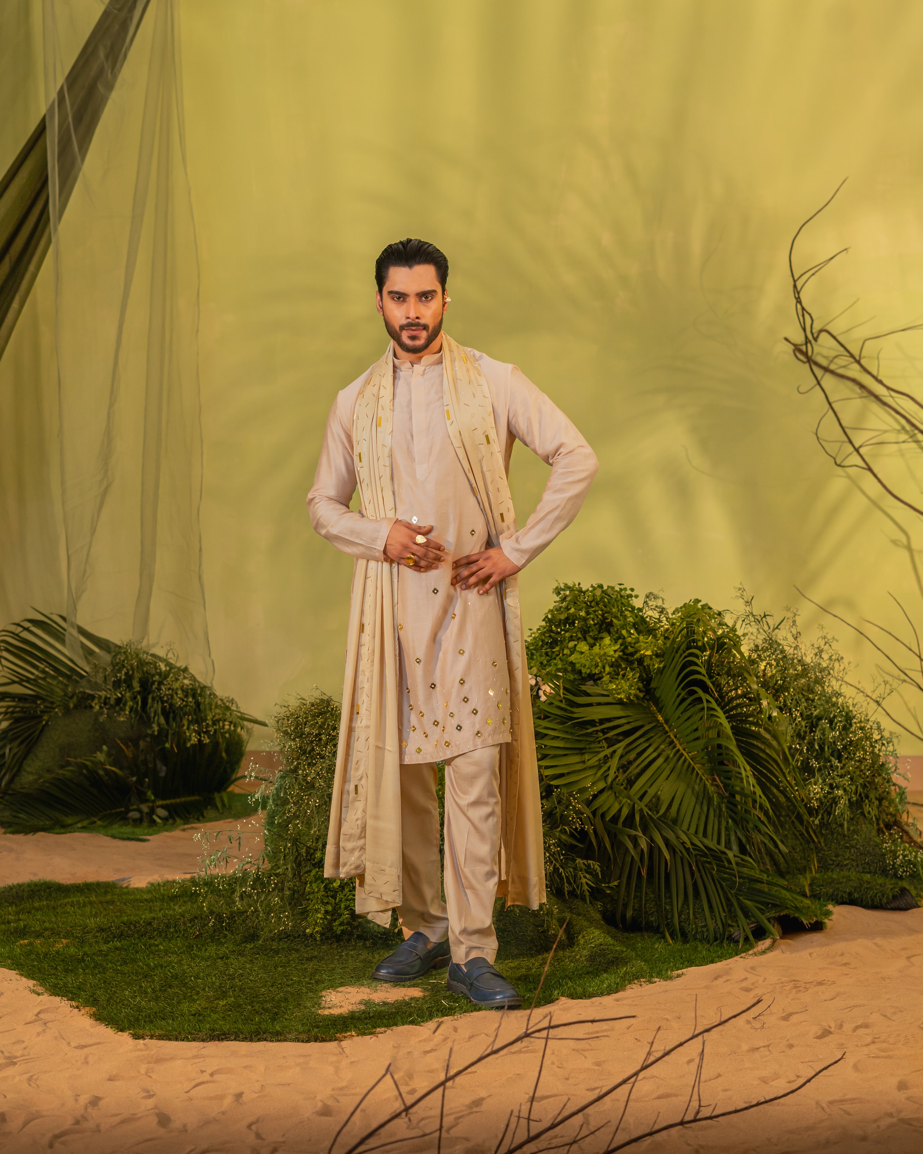 Peach Gold Chheta Long Kurta set