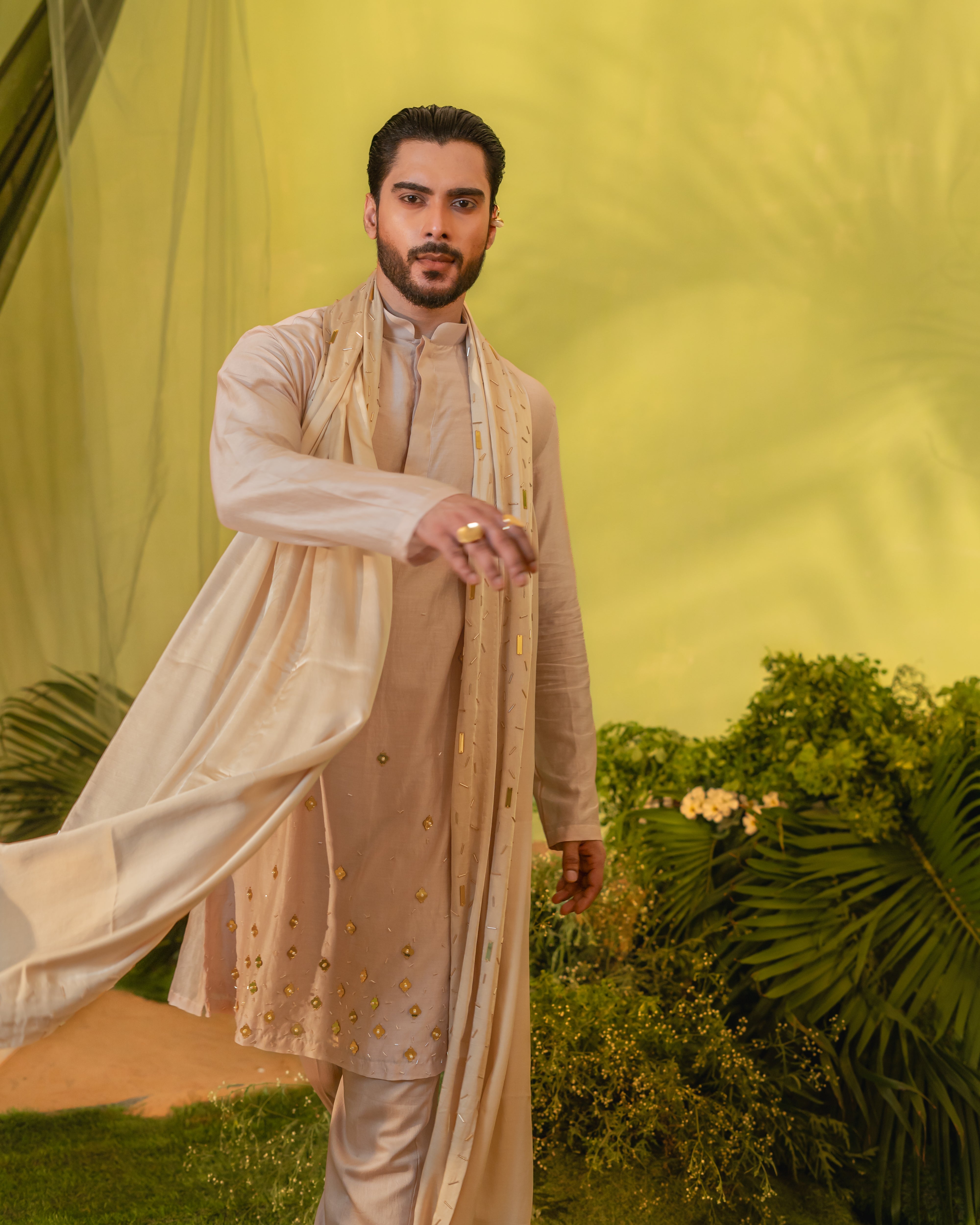Peach Gold Chheta Long Kurta set