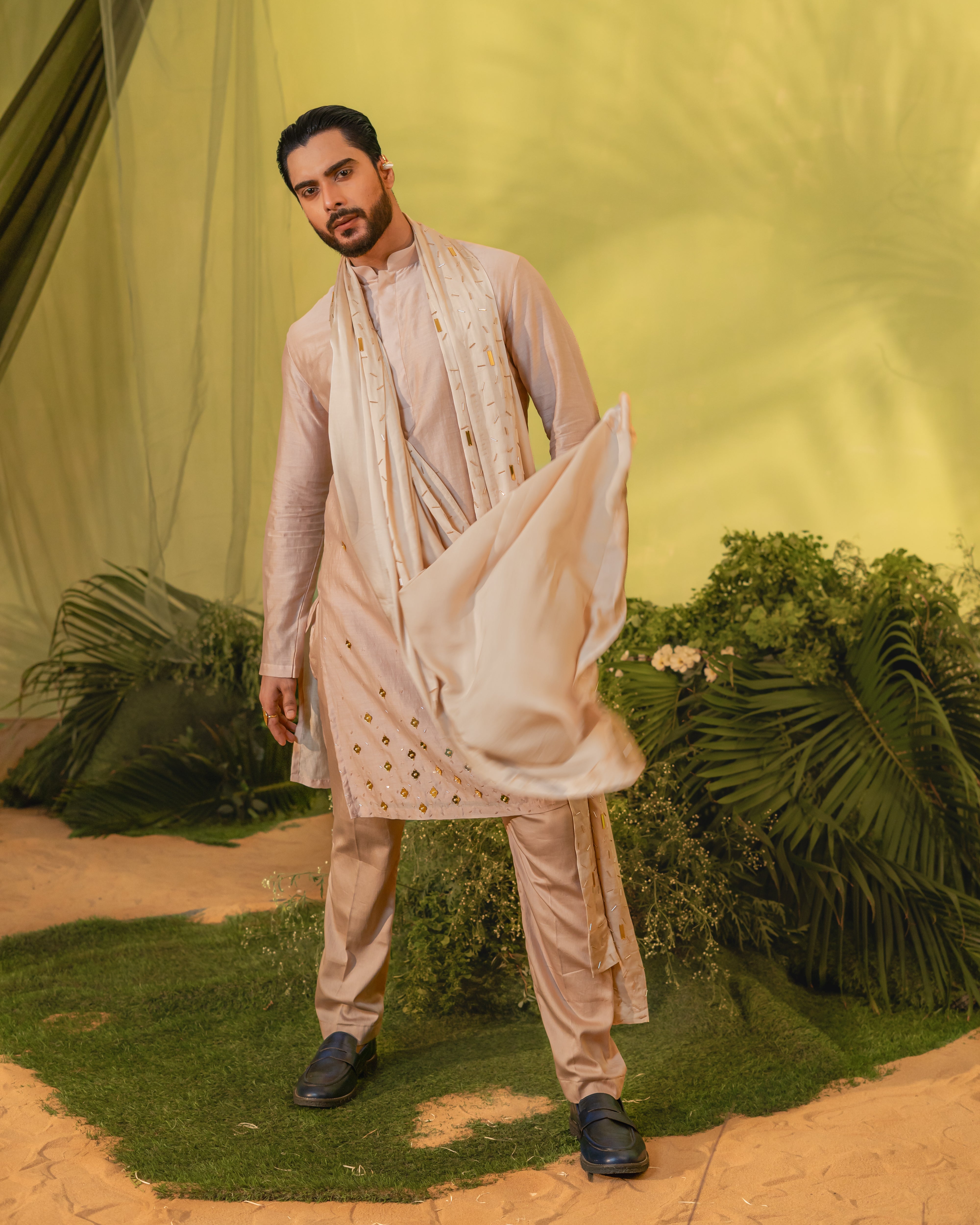 Peach Gold Chheta Long Kurta set