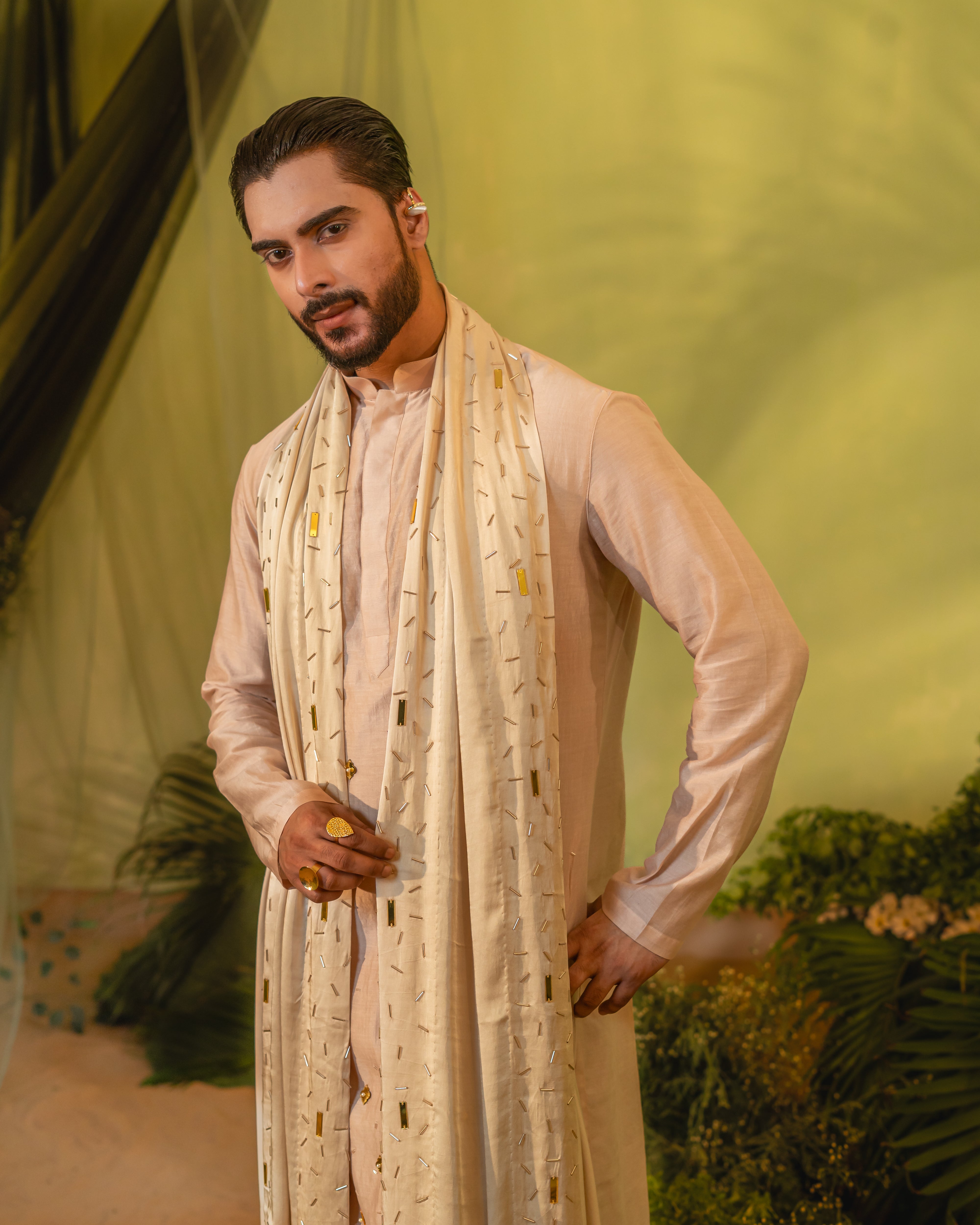 Peach Gold Chheta Long Kurta set