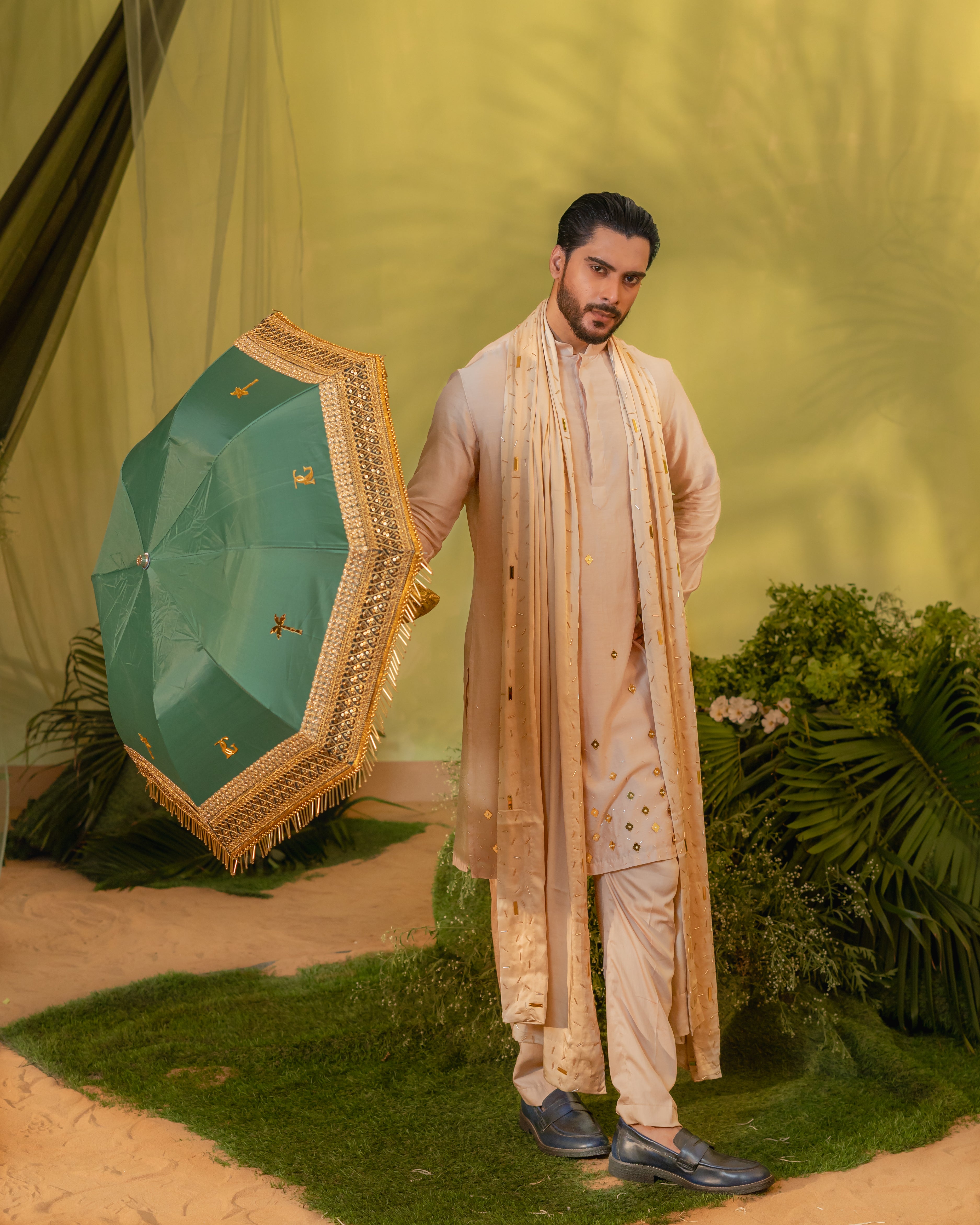 Peach Gold Chheta Long Kurta set