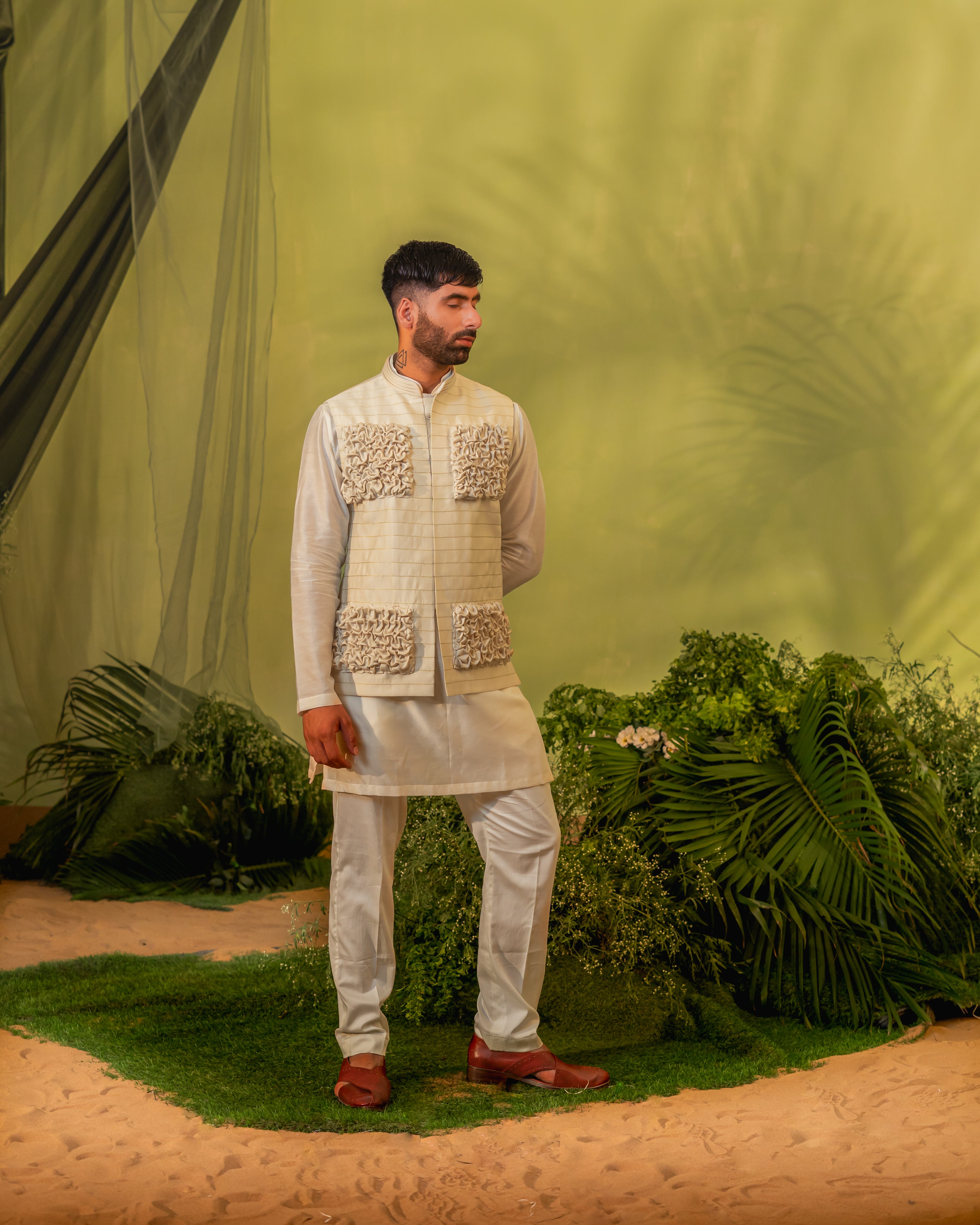 Ivory smock long kurta set