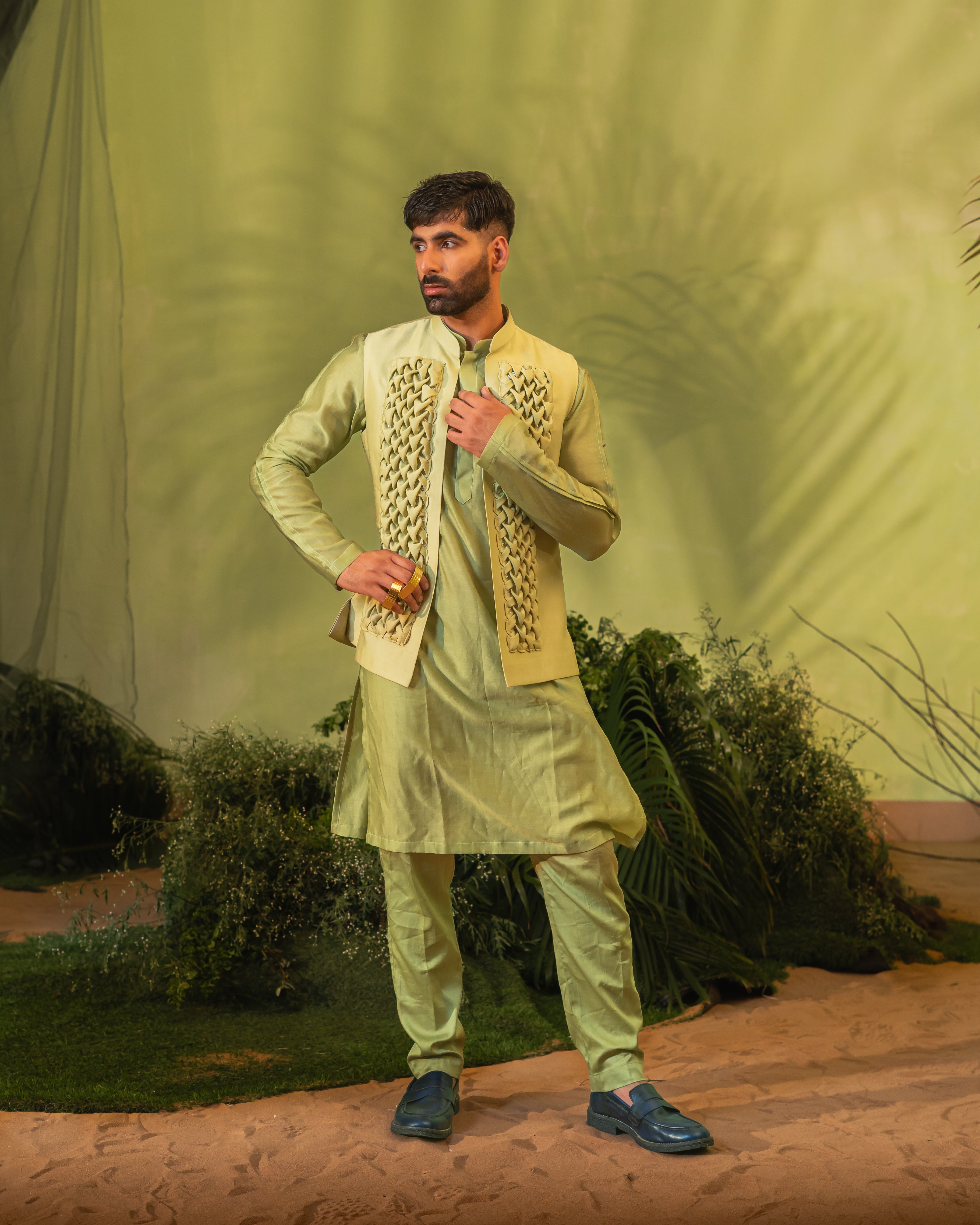 Foam Green Smocking Bundi Jacket