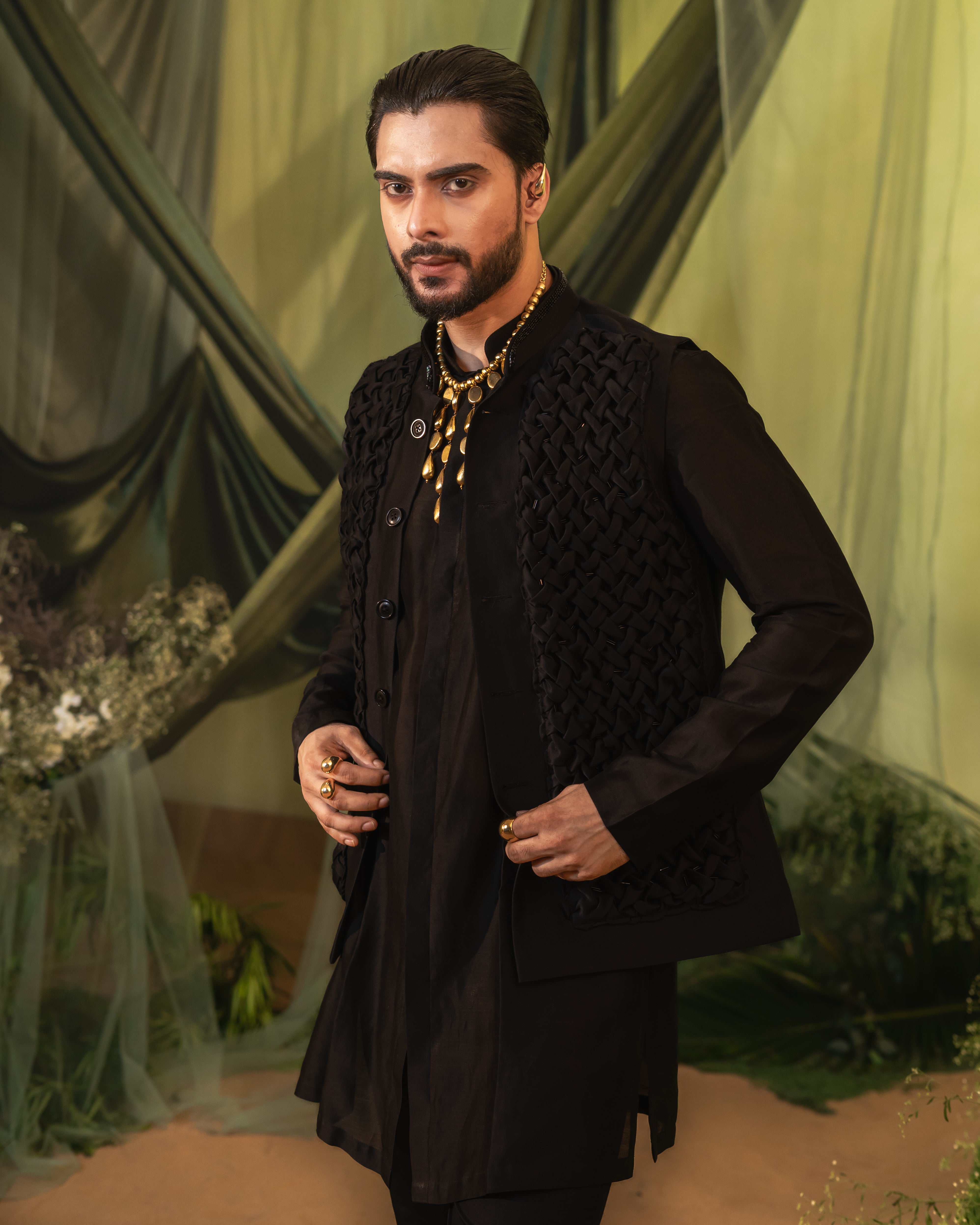 Black Smocking Bundi Jacket