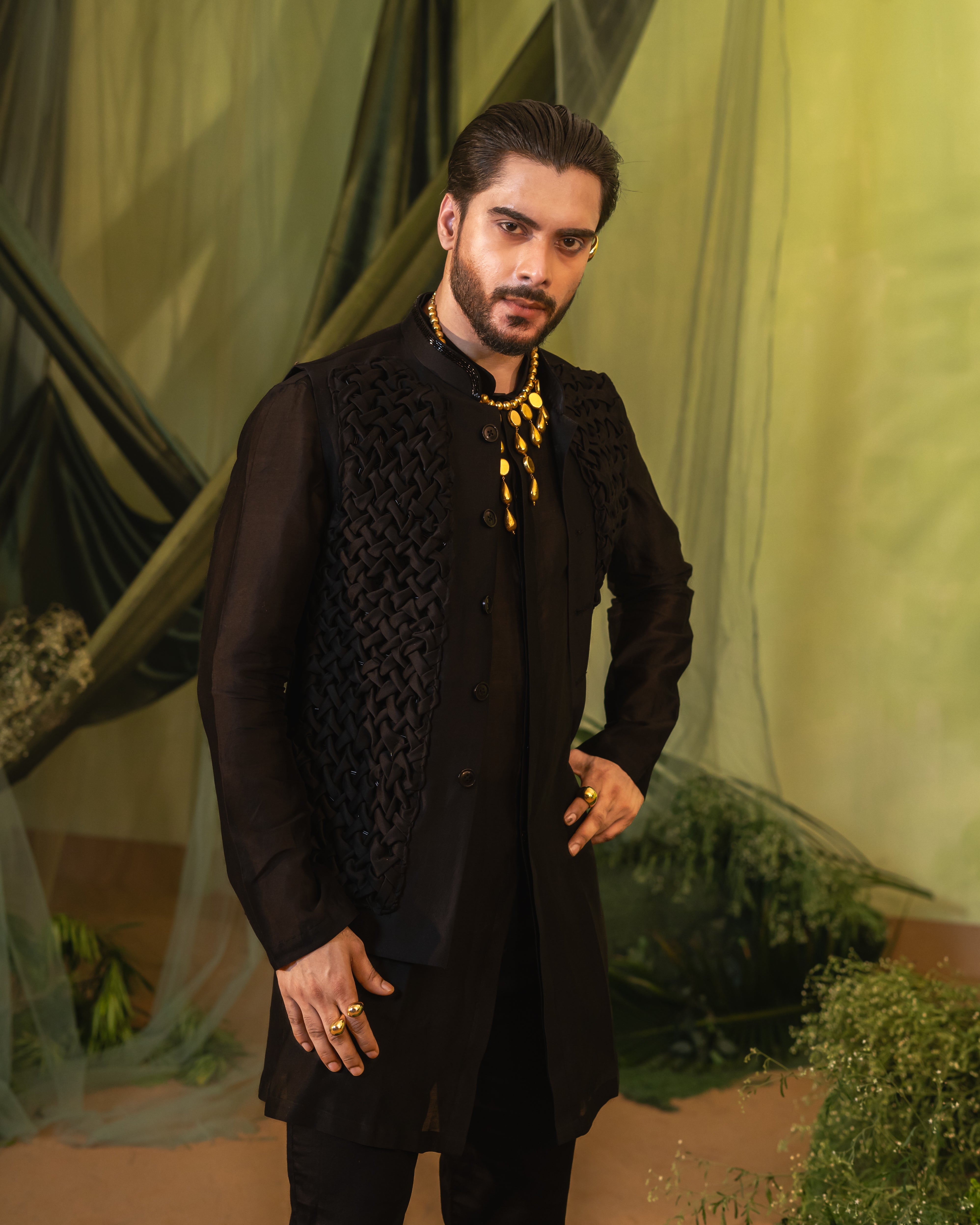Black Smocking Bundi Jacket