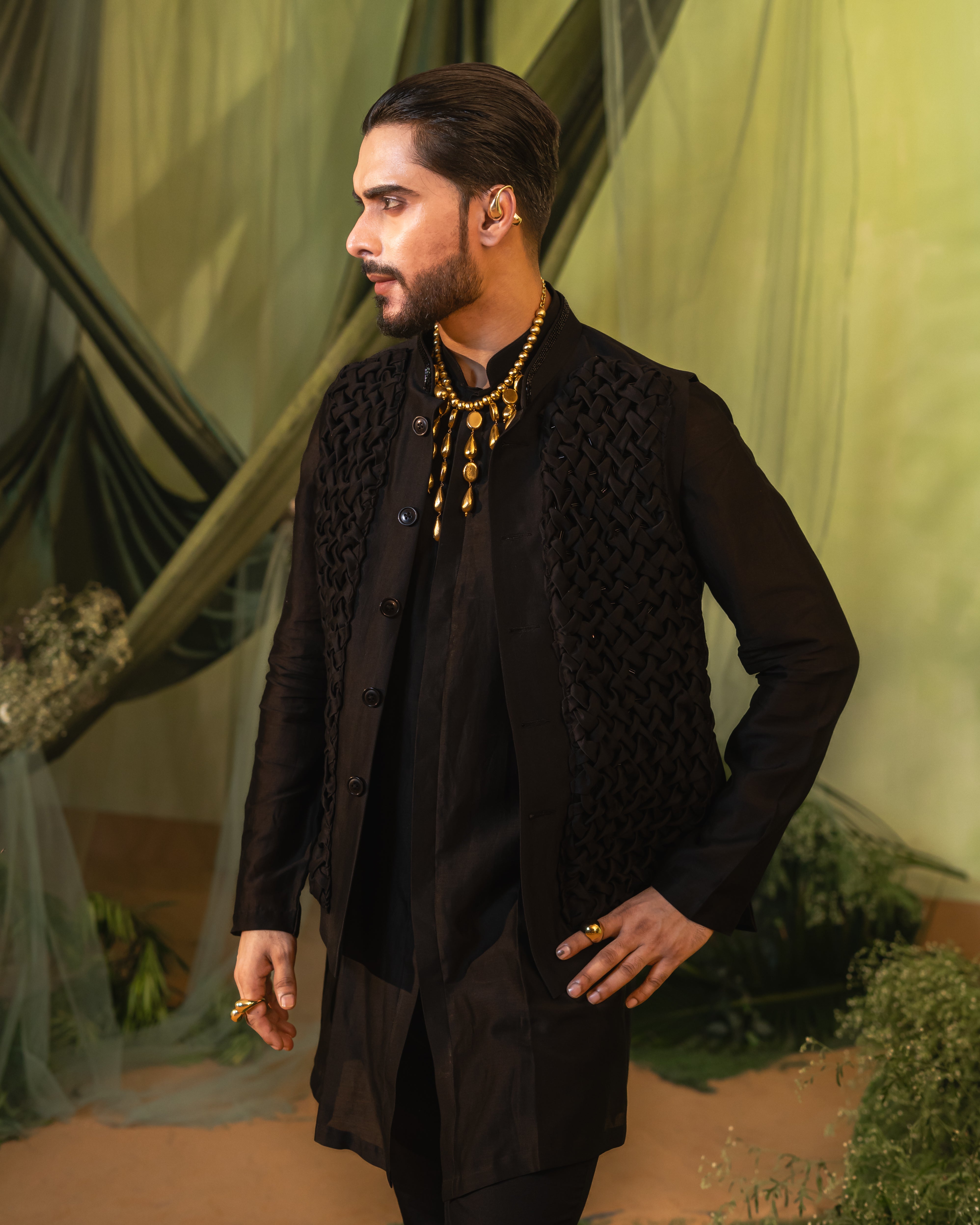 Black Smocking Bundi Jacket