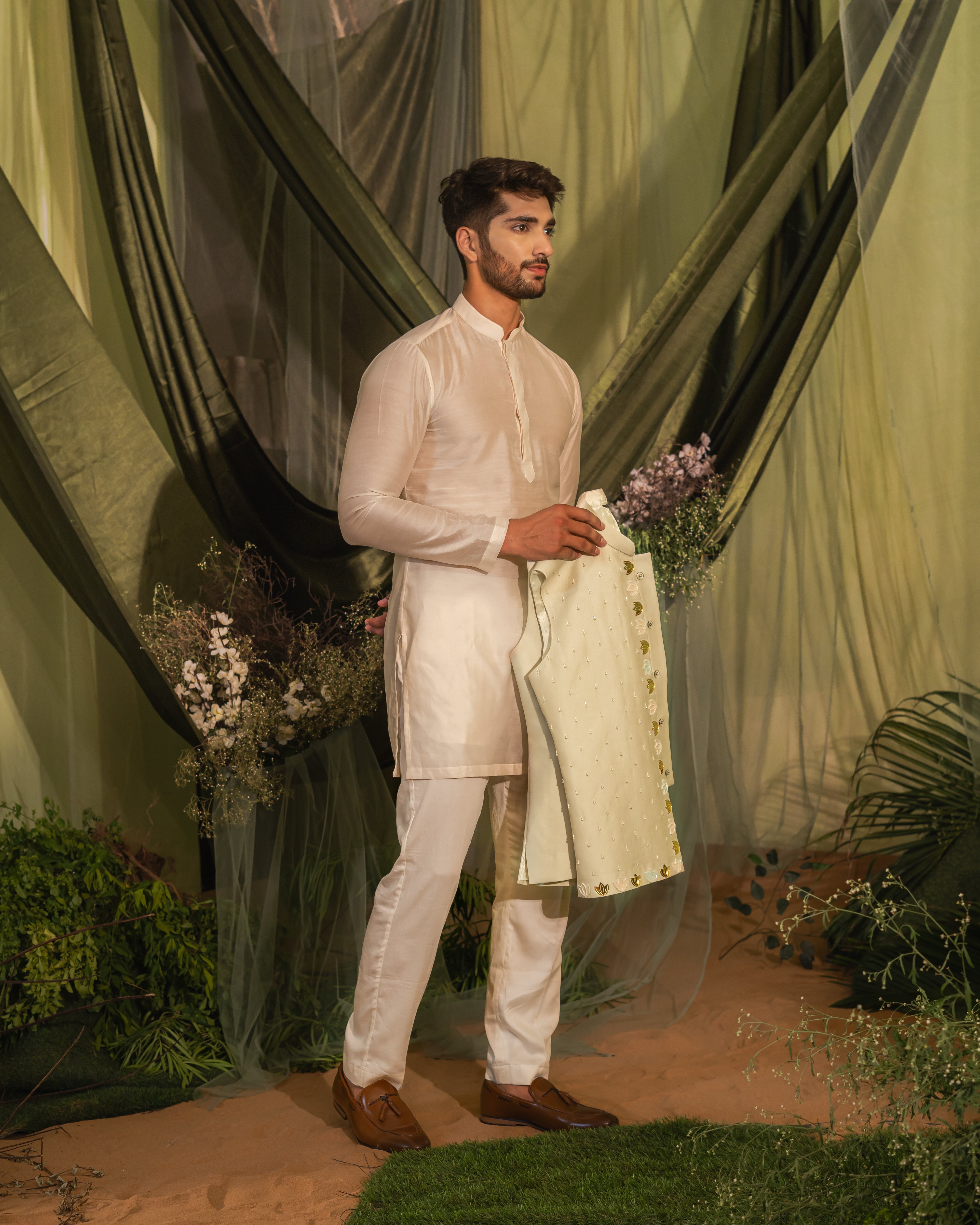 Ivory Double collar Long kurta set
