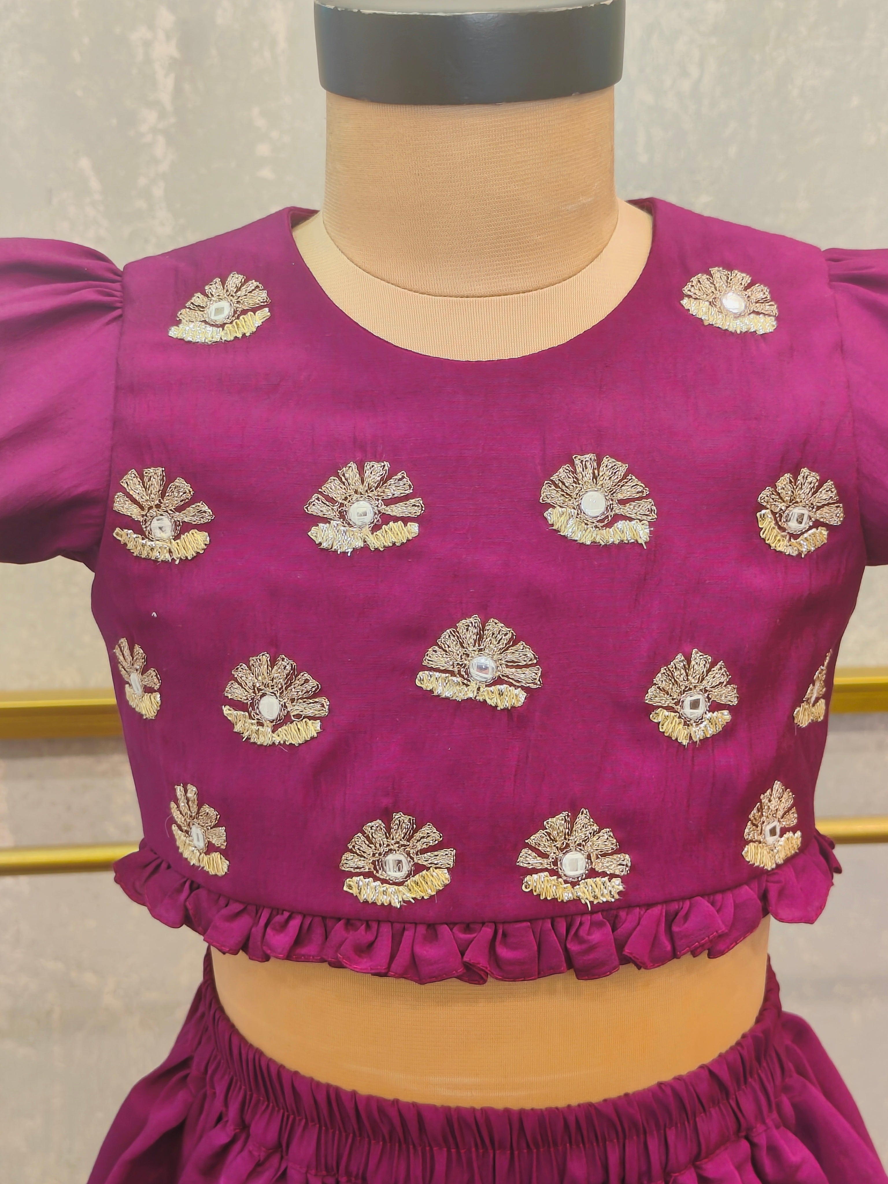 Purple Embroidery Puff Sleeve Ghaghra set