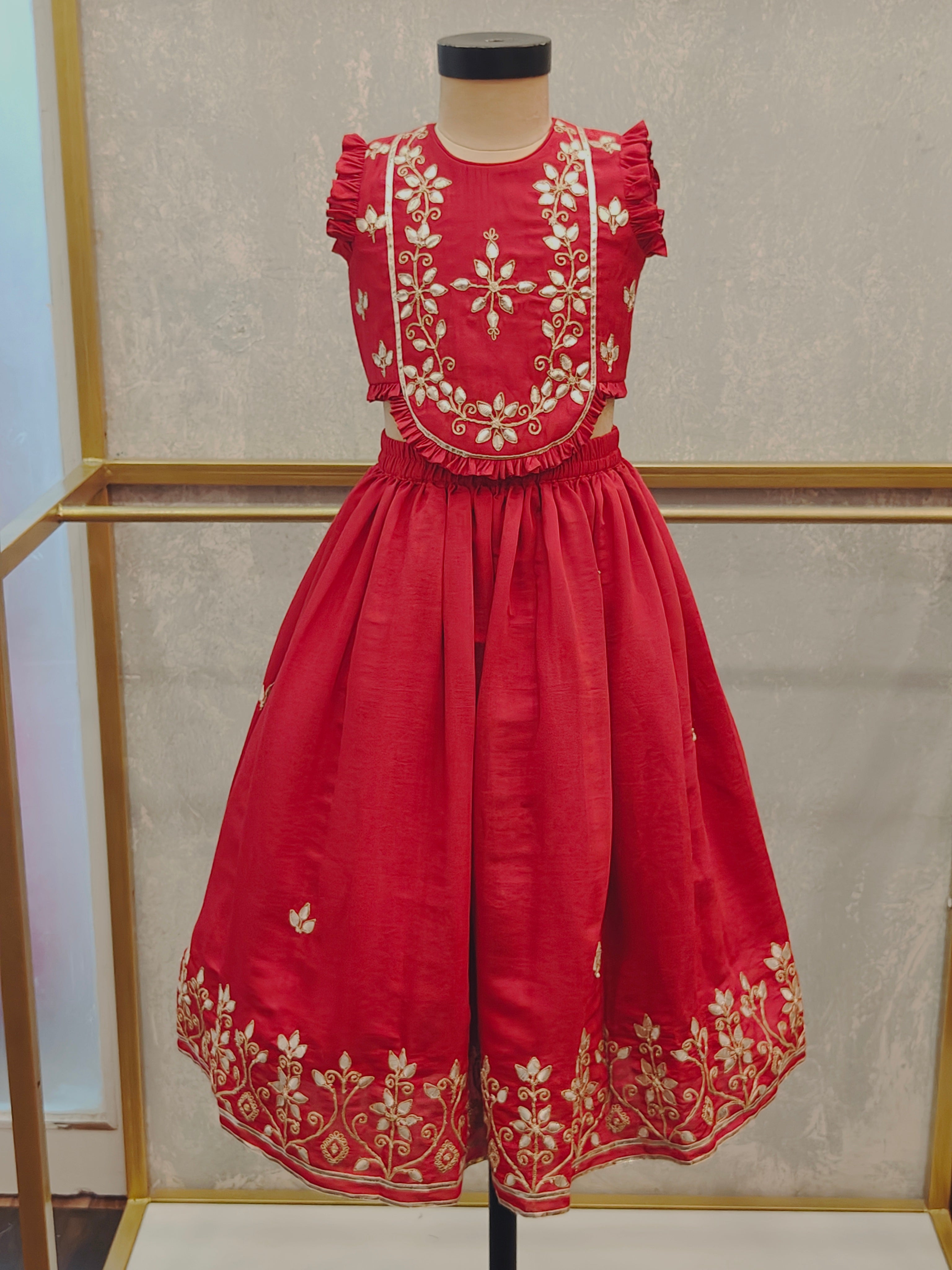 Red Embroidered Sleeveless Ghaghra Set