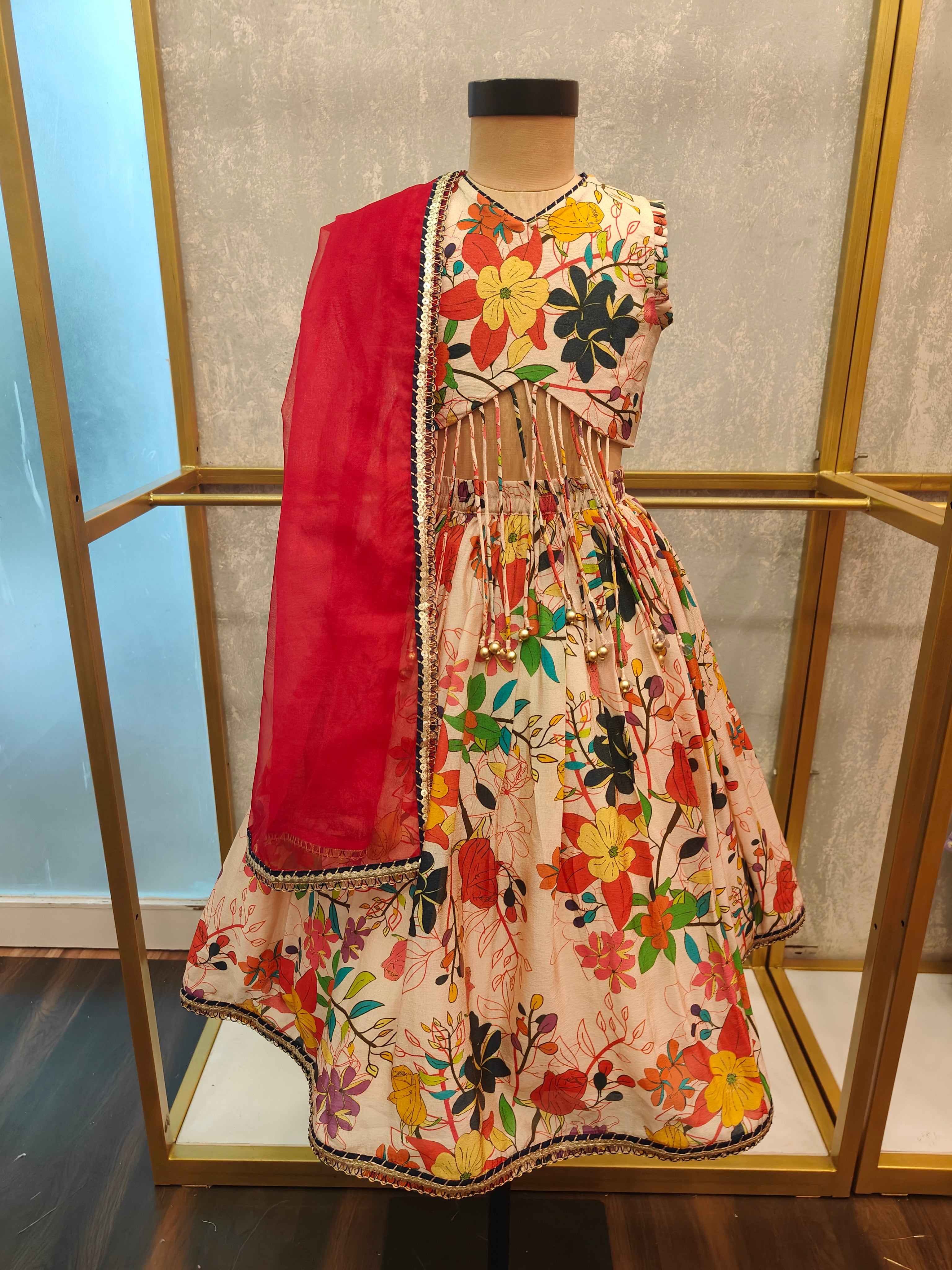 Beige Floral Dori Ghagra