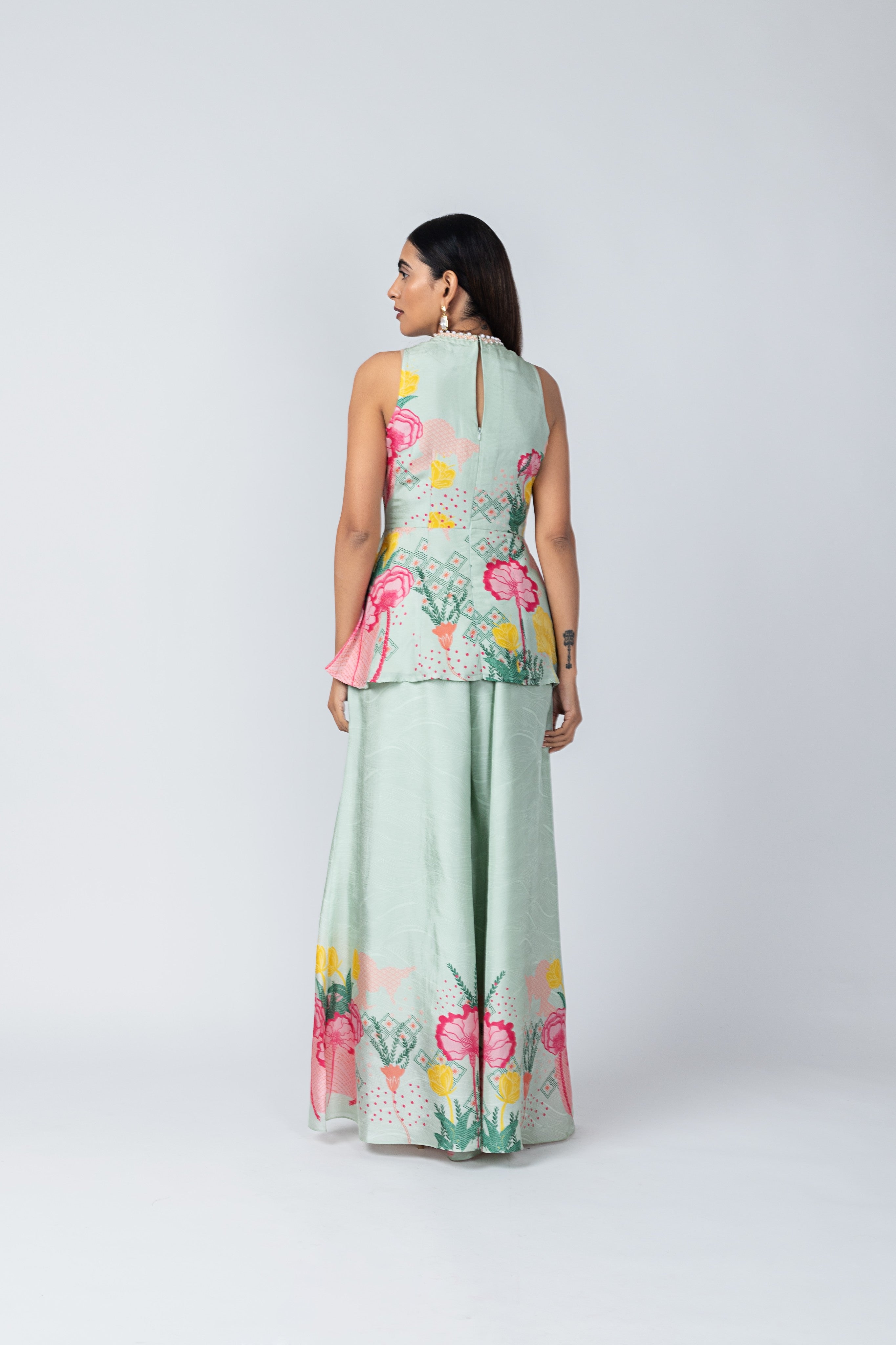Aquatic Floral Peplum Top & Textured Palazzo Pants Set