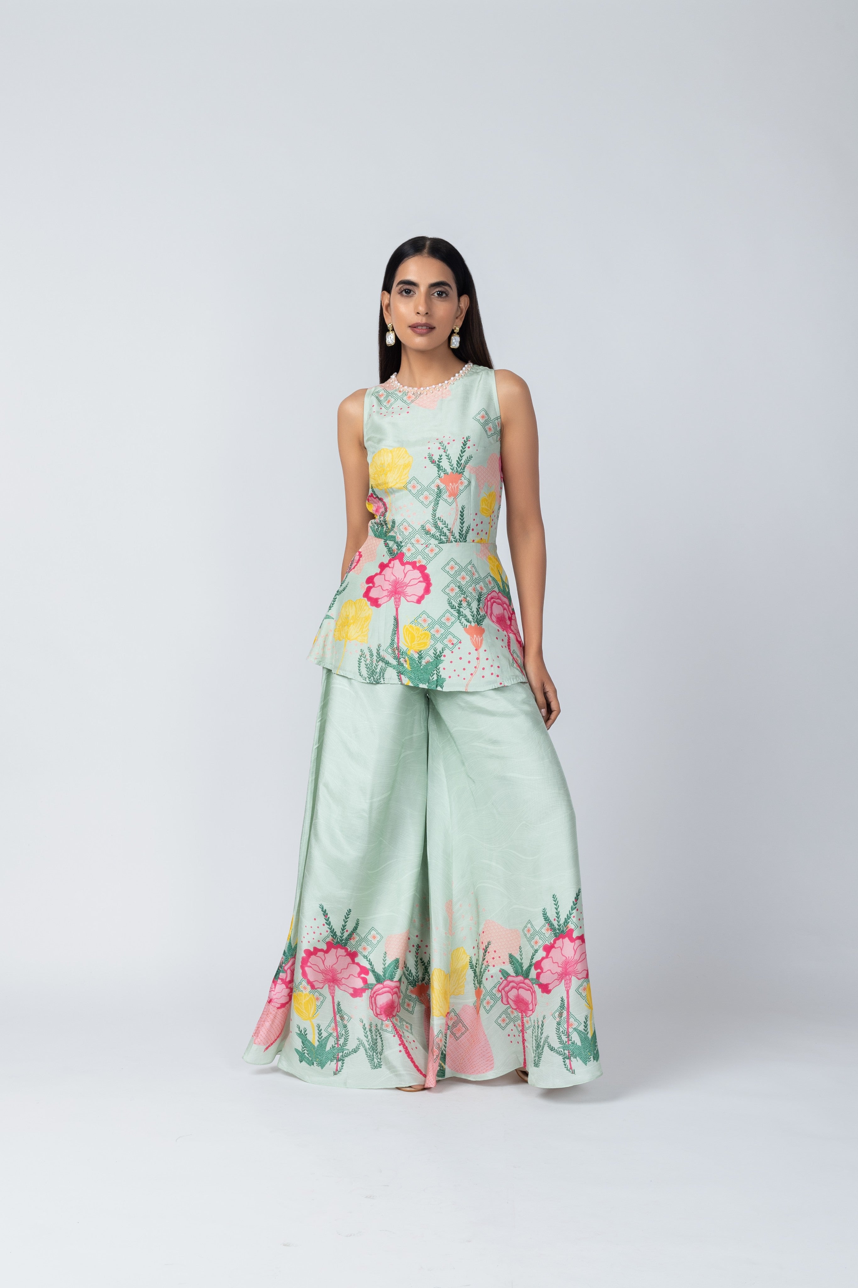Aquatic Floral Peplum Top & Textured Palazzo Pants Set