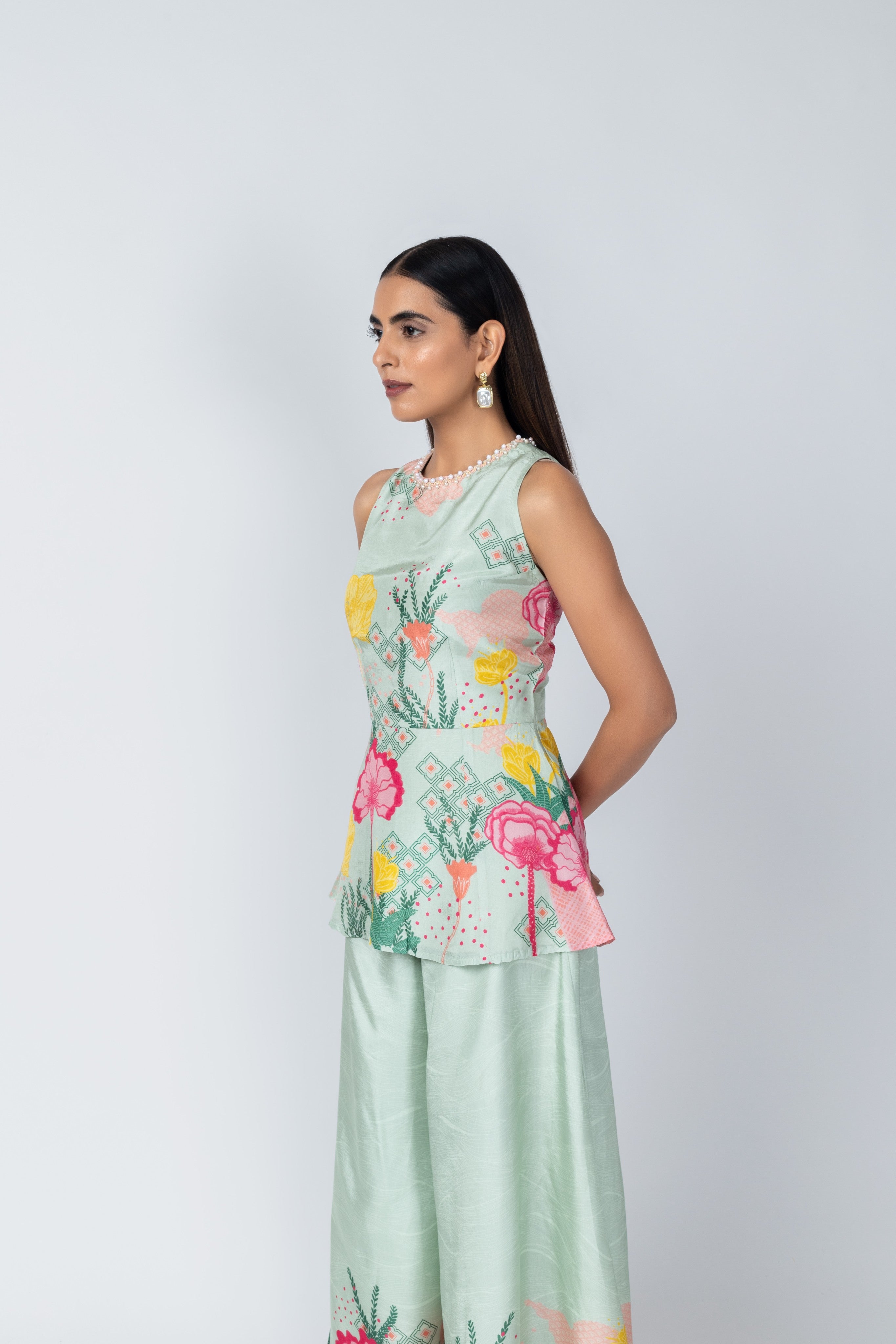 Aquatic Floral Peplum Top & Textured Palazzo Pants Set