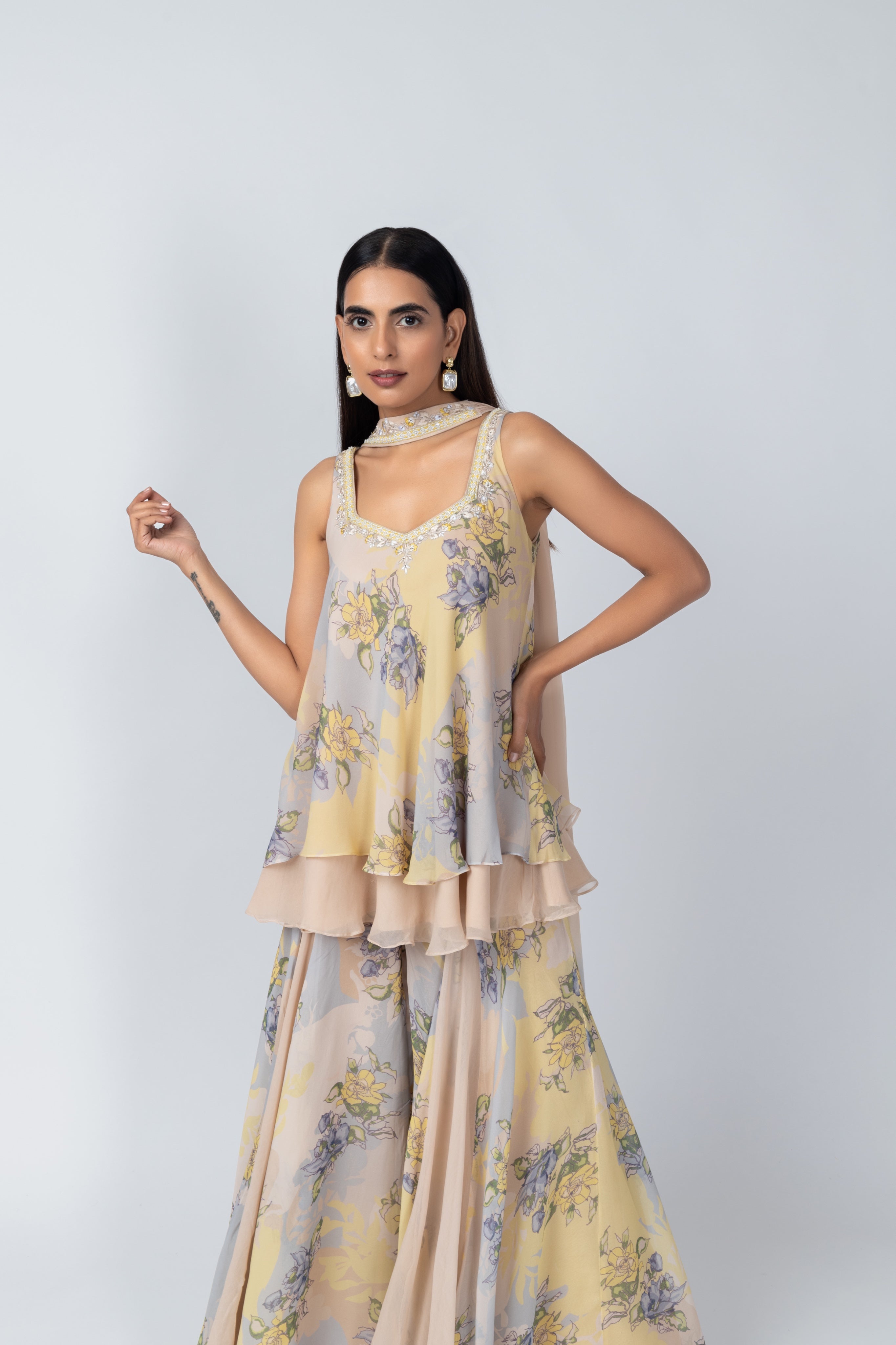 Sky Blue Sleeveless Tunic & Georgette Sharara Set