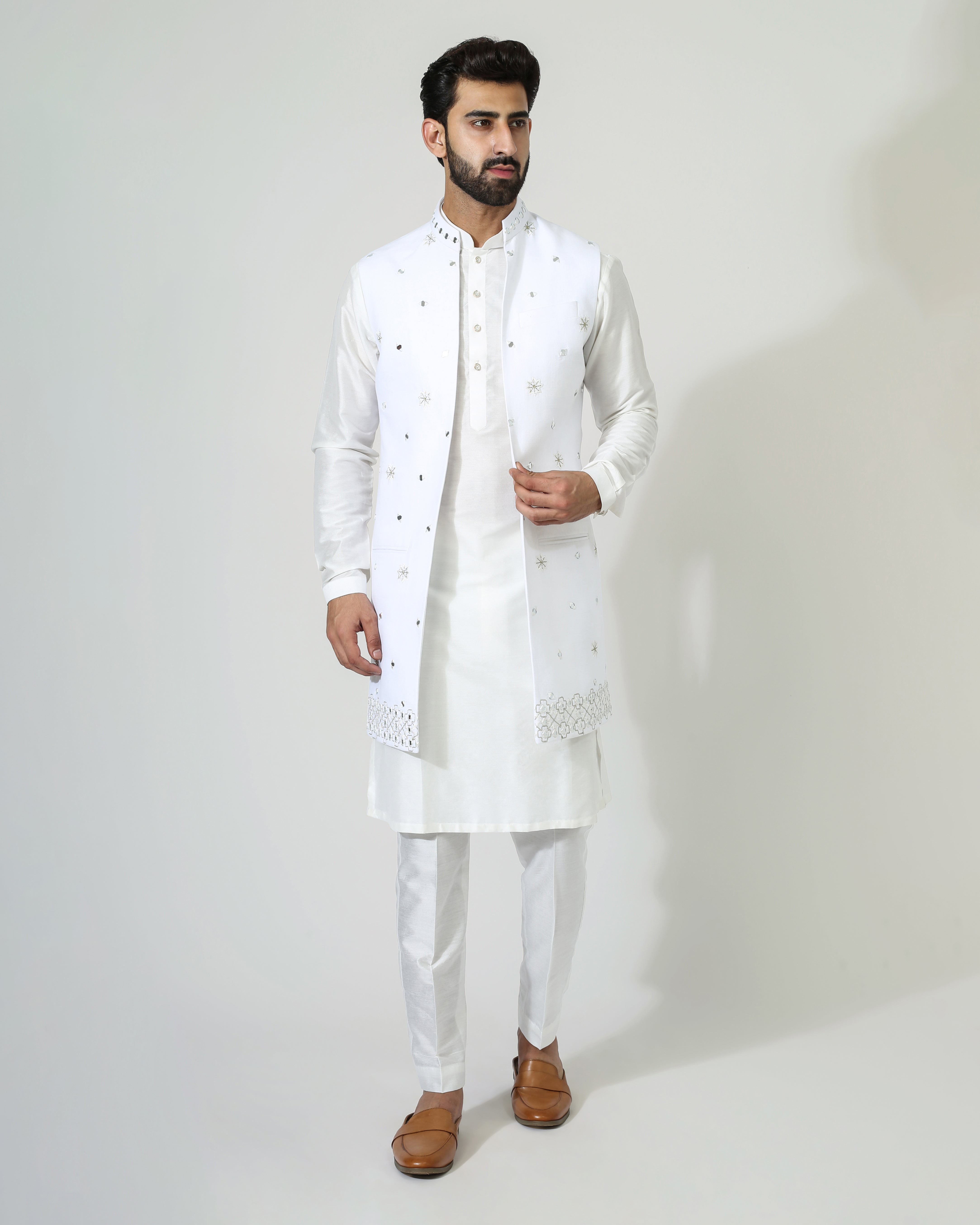 Offwhite Mirror Open Jacket With Kurta Pyjama