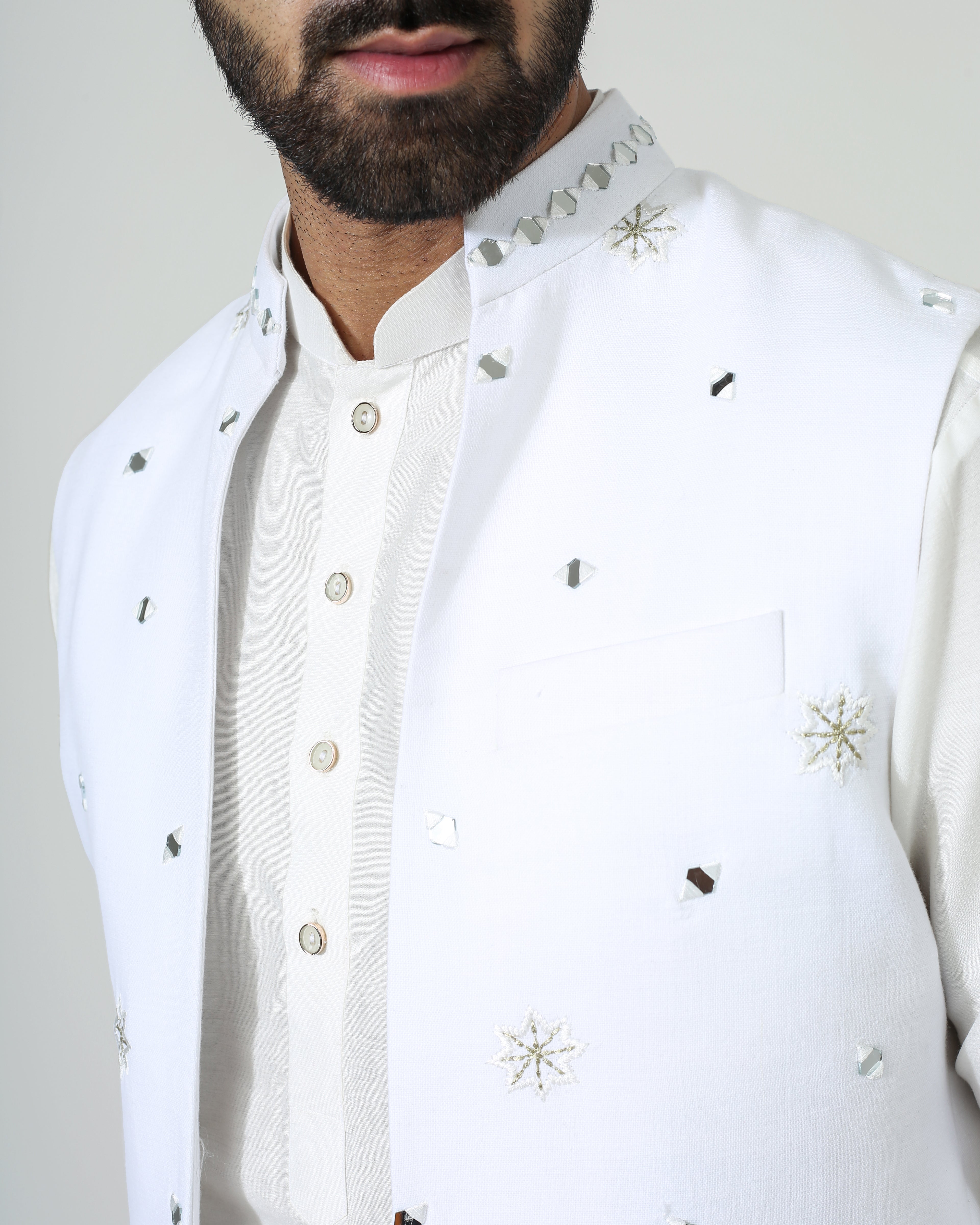 Offwhite Mirror Open Jacket With Kurta Pyjama
