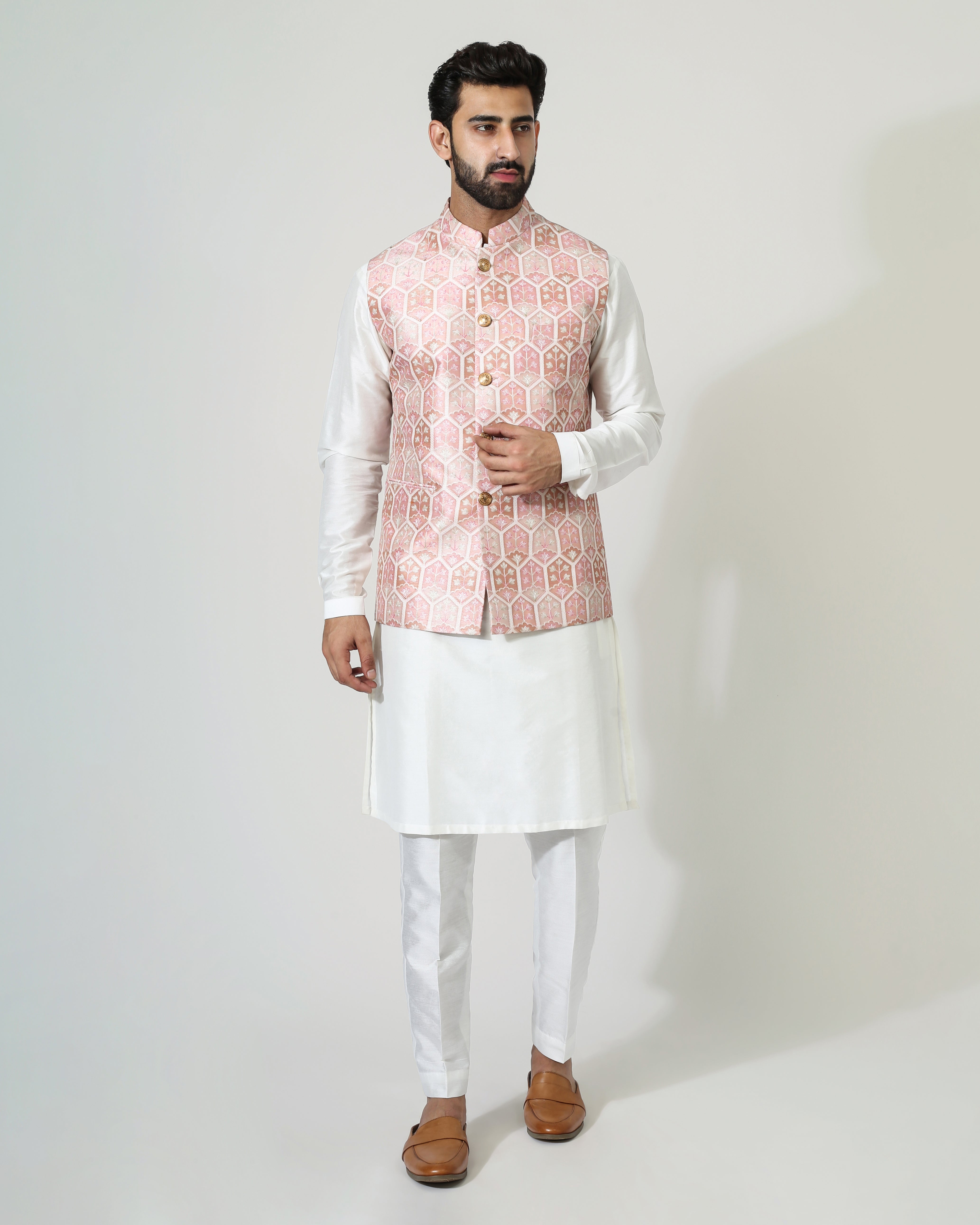 Pastel Red Ojis Nehru Jacket With Kurta Pyjama