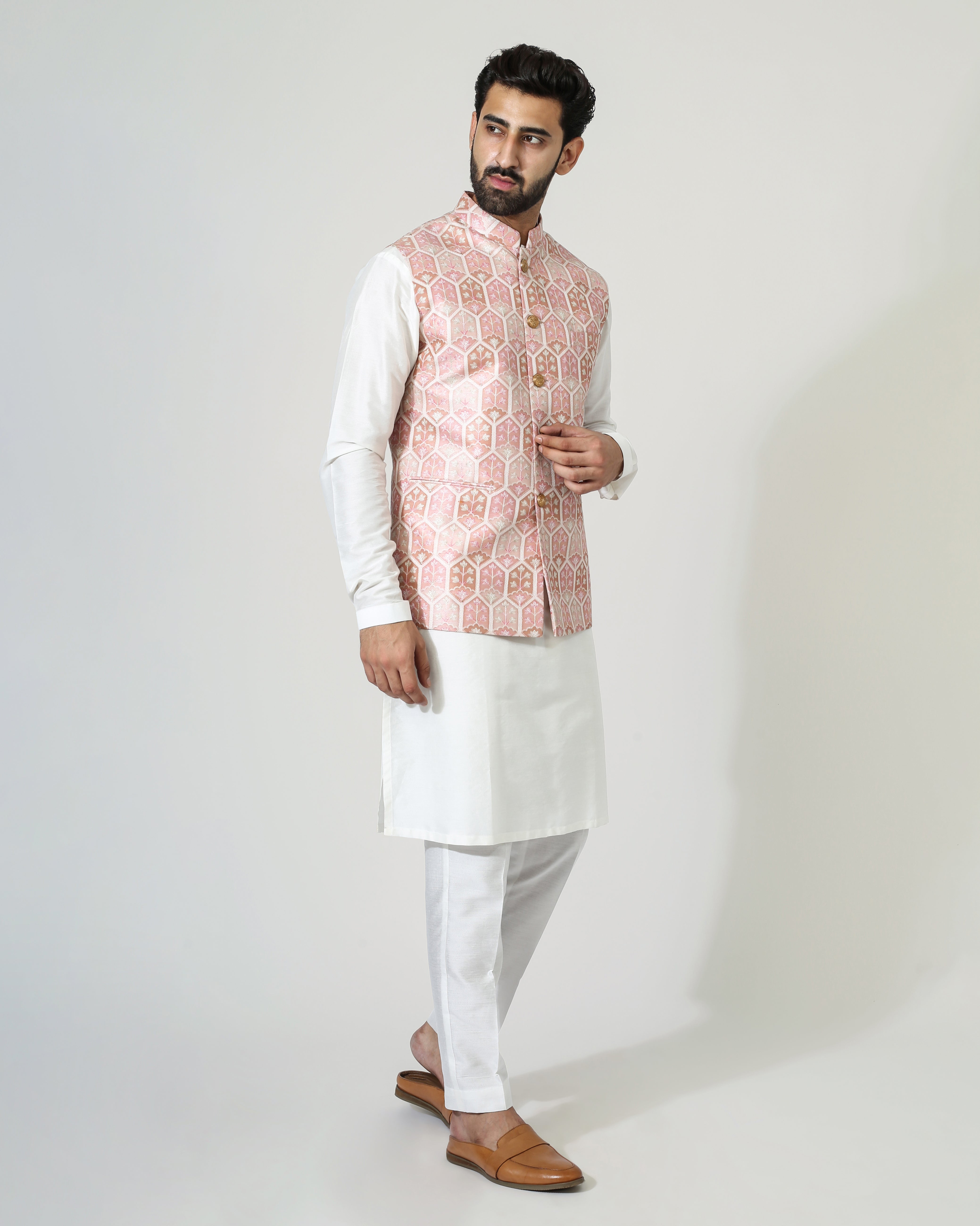 Pastel Red Ojis Nehru Jacket With Kurta Pyjama